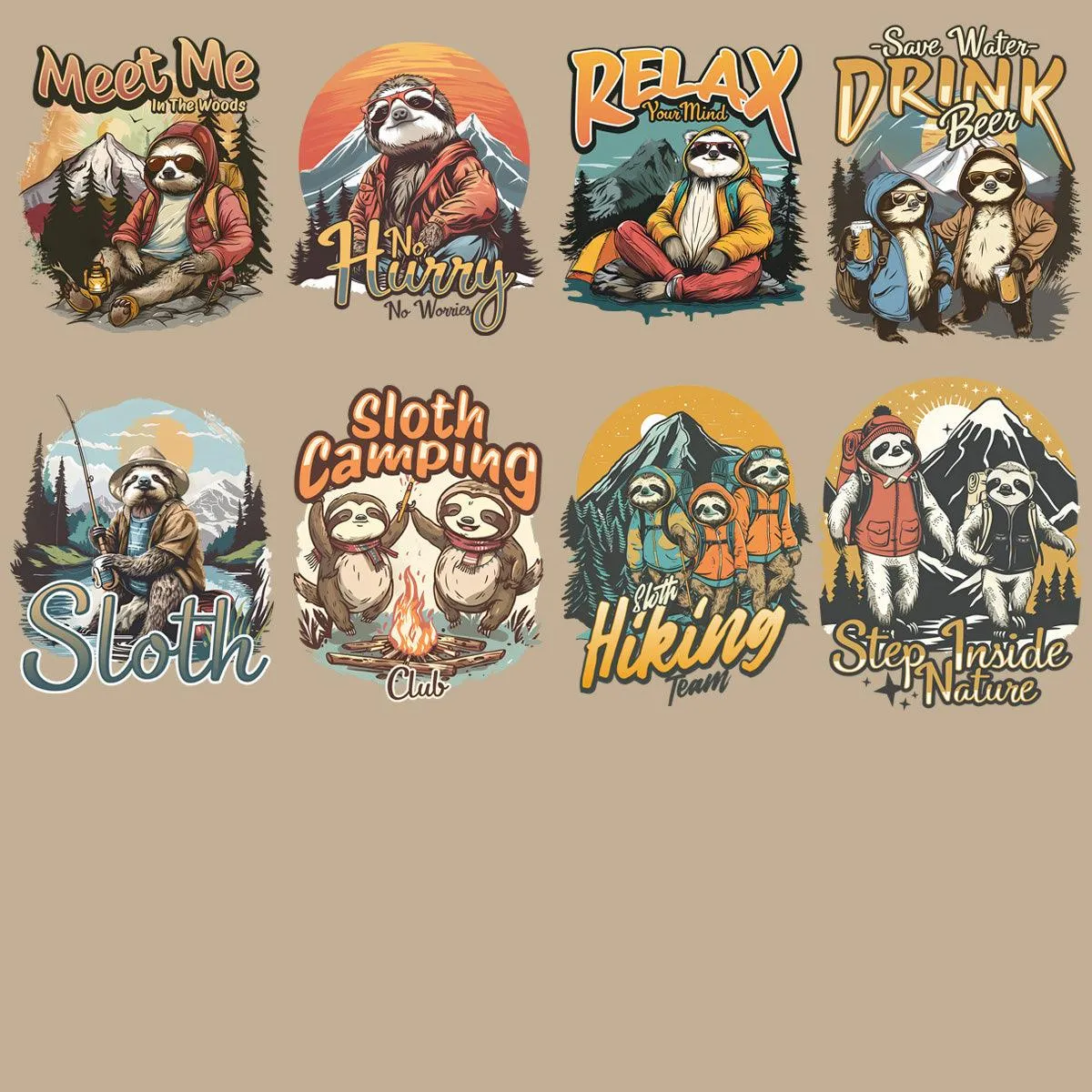 19 Funny Summer Camping Sloth Designs Bundle PNG