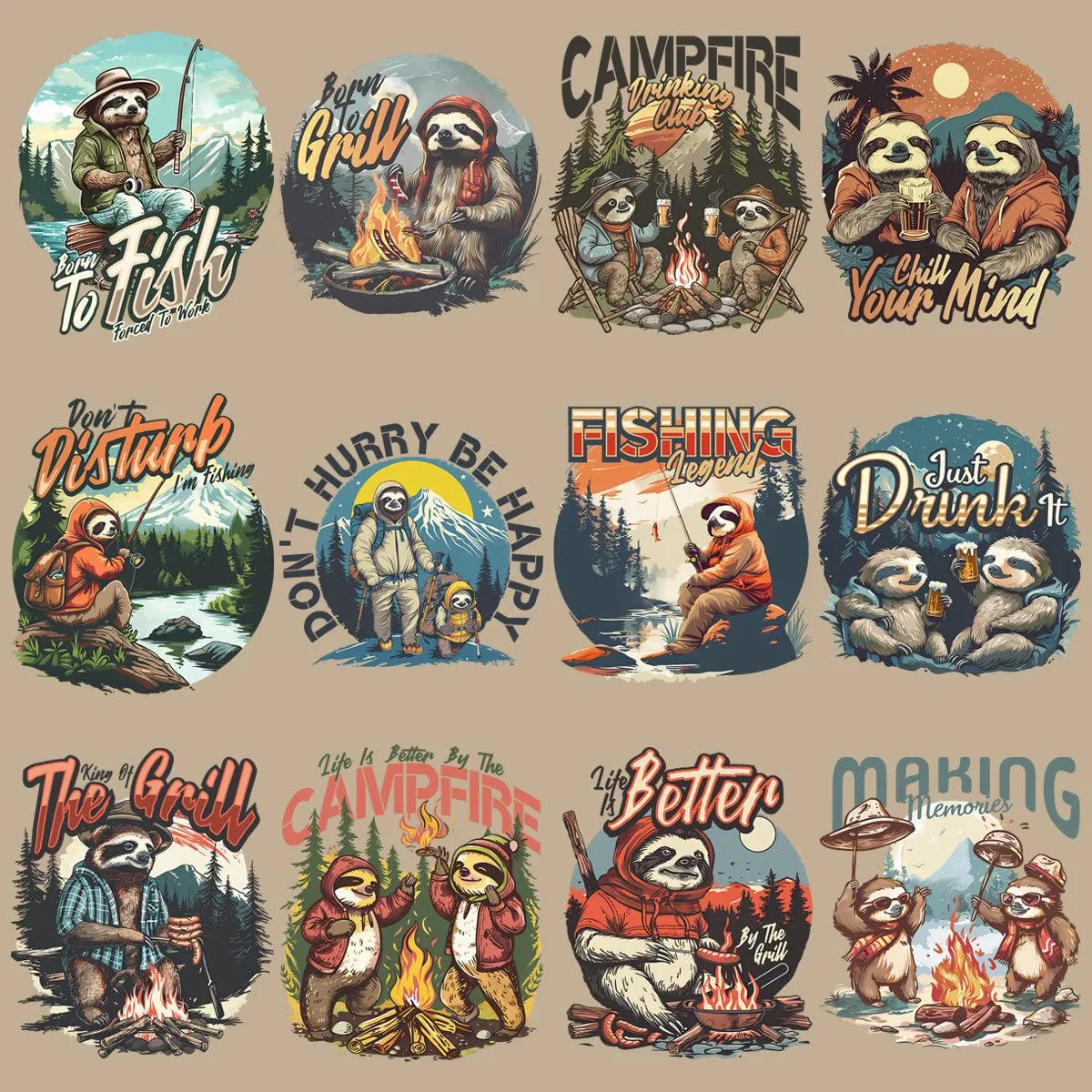 19 Funny Summer Camping Sloth Designs Bundle PNG