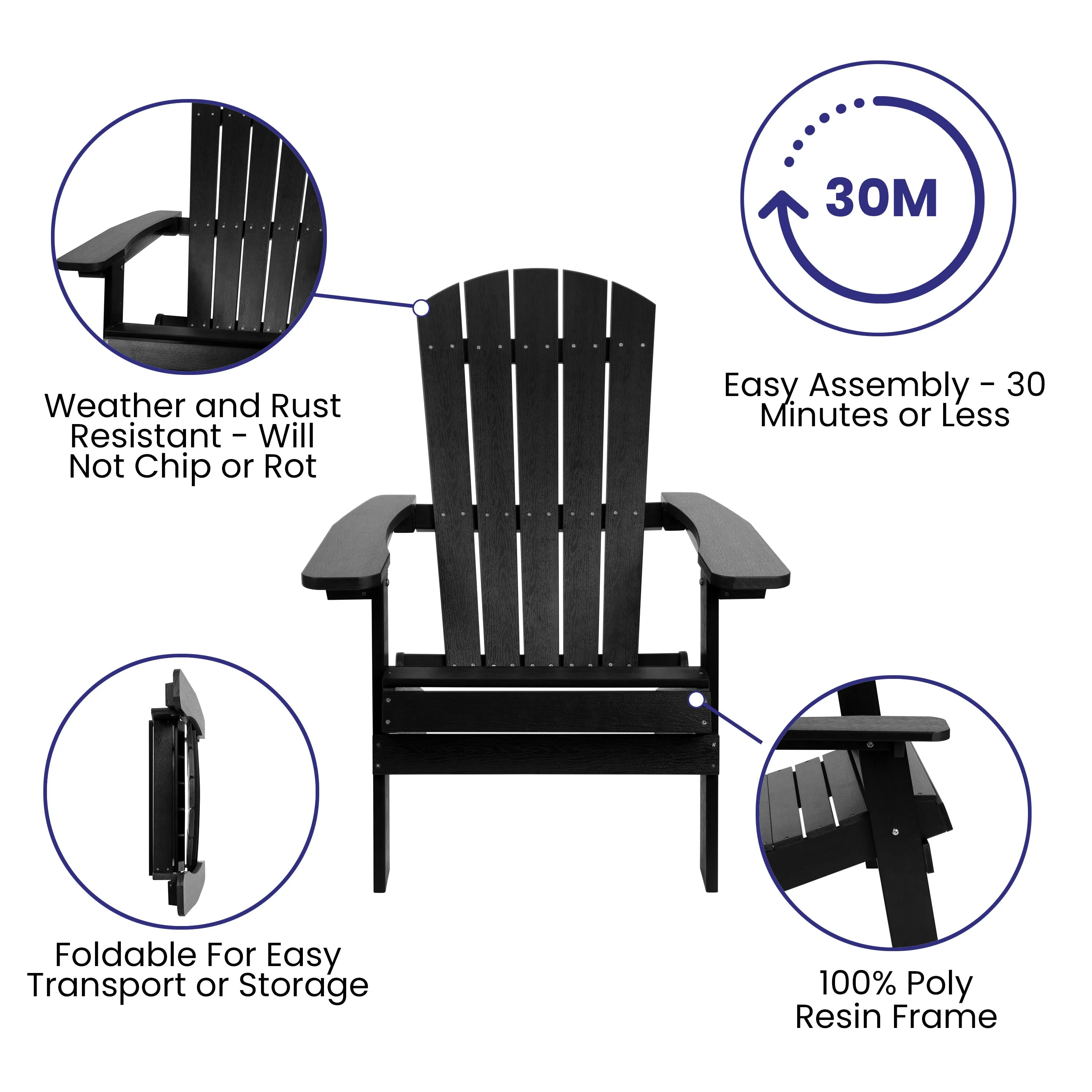 2 Pack Charlestown All-Weather Poly Resin Folding Adirondack Chairs with Side Table