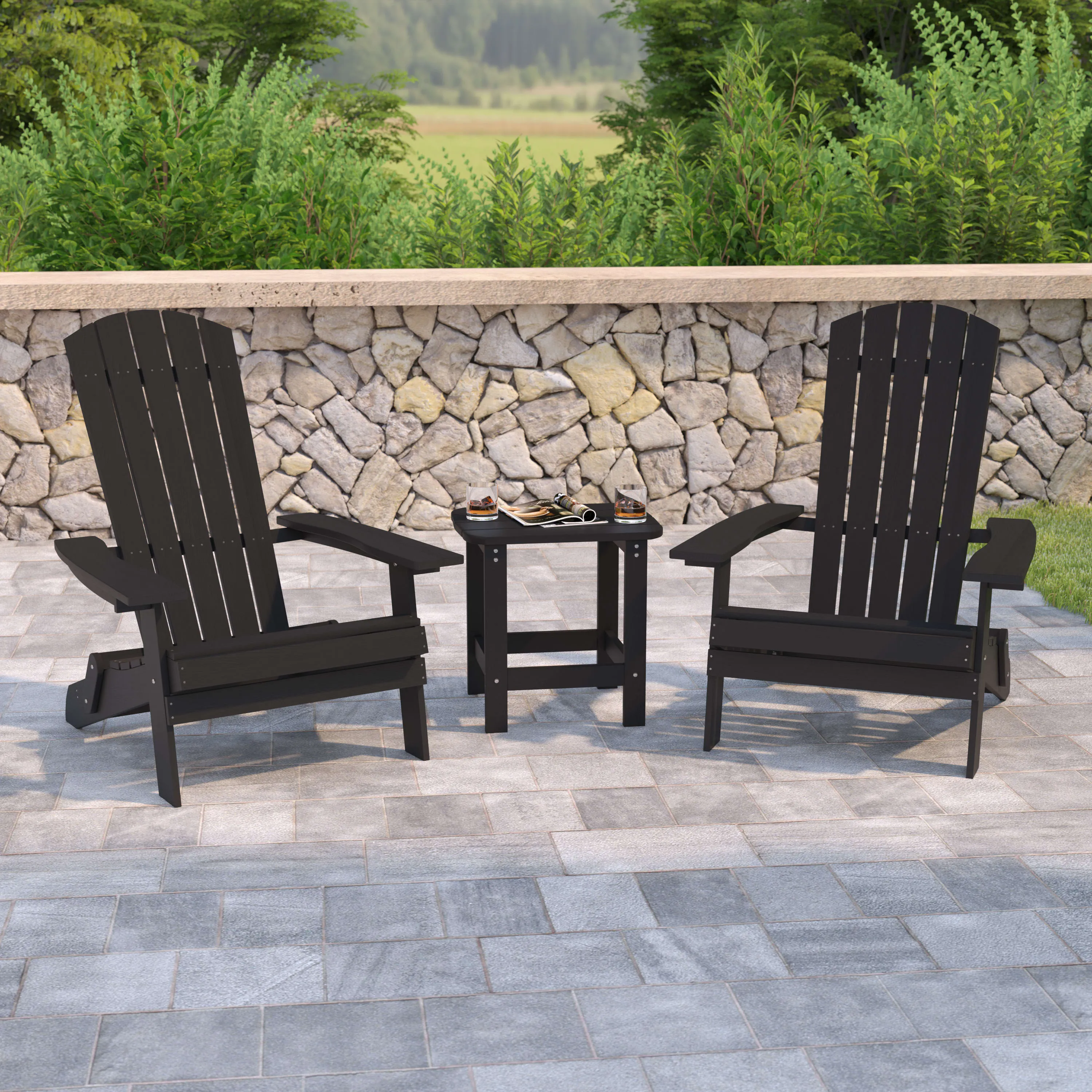 2 Pack Charlestown All-Weather Poly Resin Folding Adirondack Chairs with Side Table