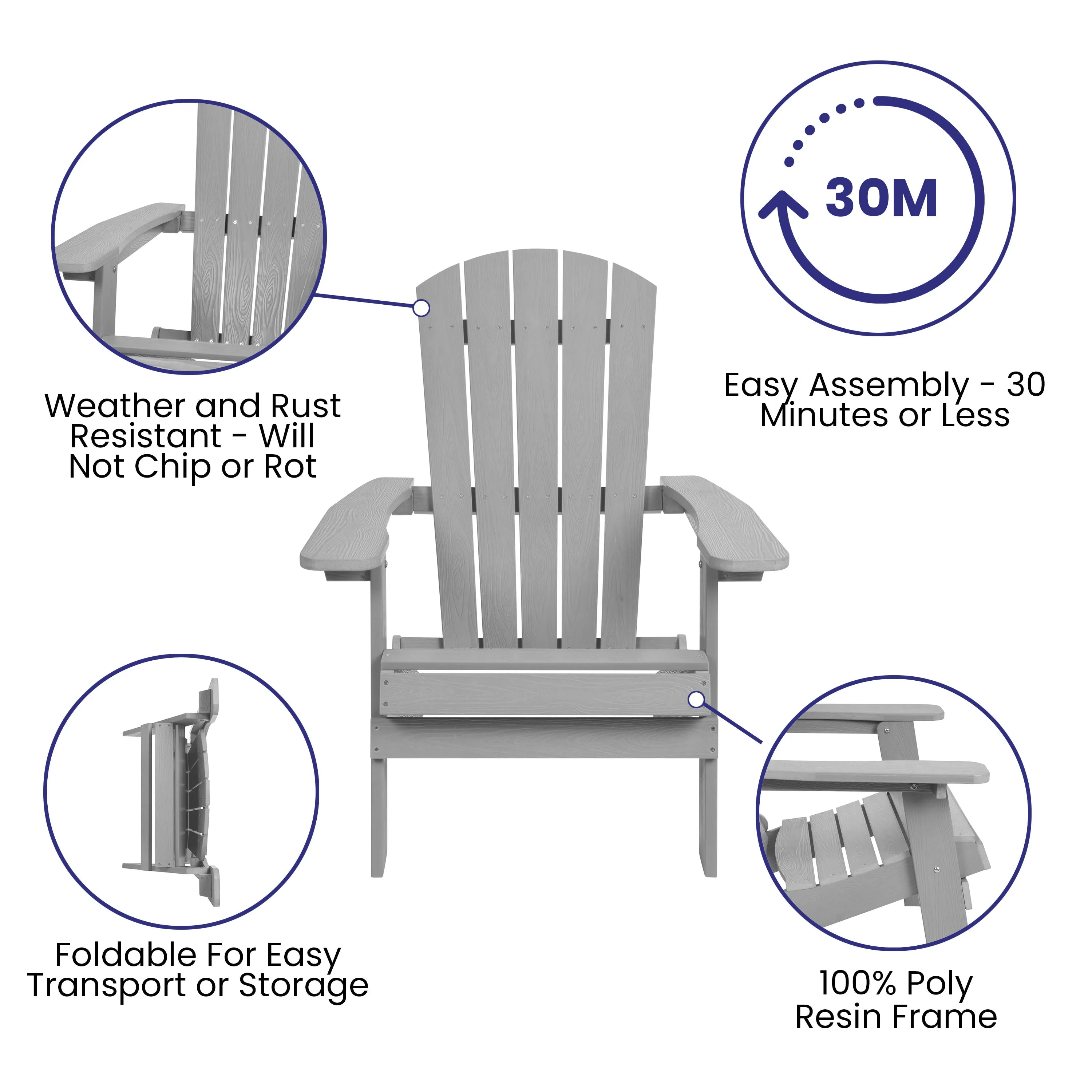 2 Pack Charlestown All-Weather Poly Resin Folding Adirondack Chairs with Side Table