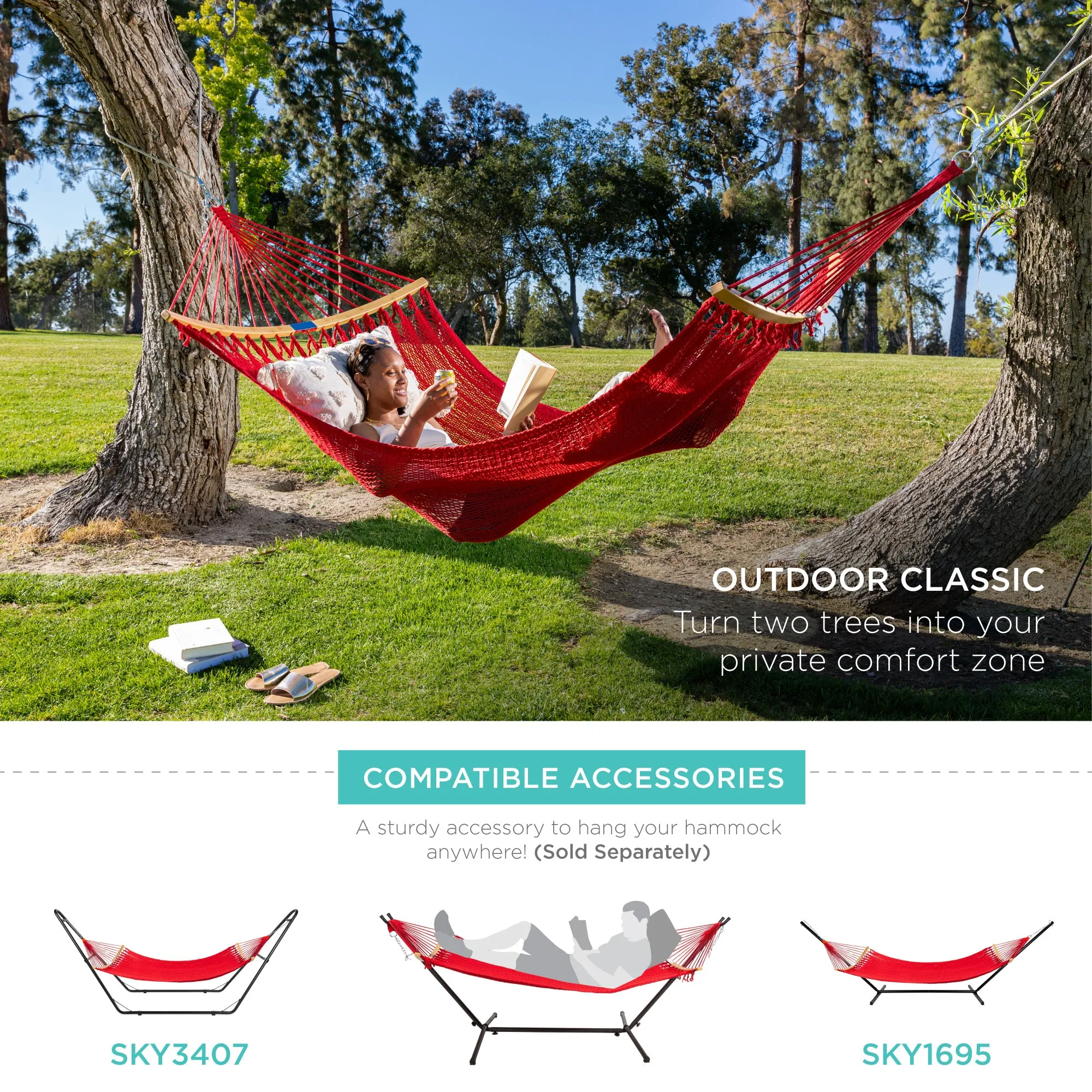 2-Person Woven Polyester Hammock w/ Curved Bamboo Spreader Bar, Carry Bag