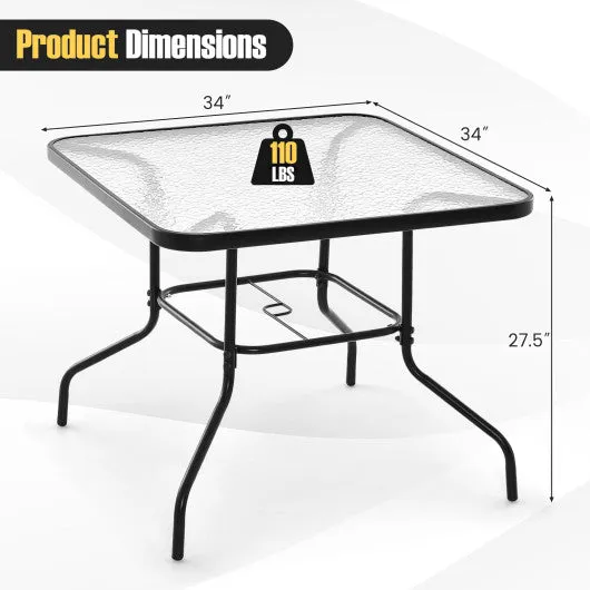 34 Inch Outdoor Dining Table Square Tempered Glass Table with 1.5 Inch Umbrella Hole-Black