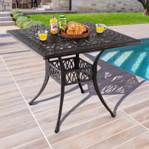 35.4 Inch Aluminum Patio Square Dining Table with Umbrella Hole-Bronze