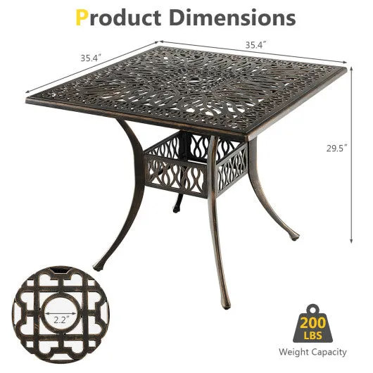 35.4 Inch Aluminum Patio Square Dining Table with Umbrella Hole-Bronze