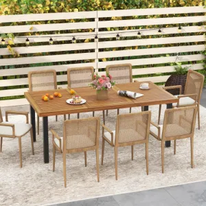 79" Acacia Wood Dining Table 8-Person Patio Table with 1.9" Umbrella Hole and Adjustable Foot Pads