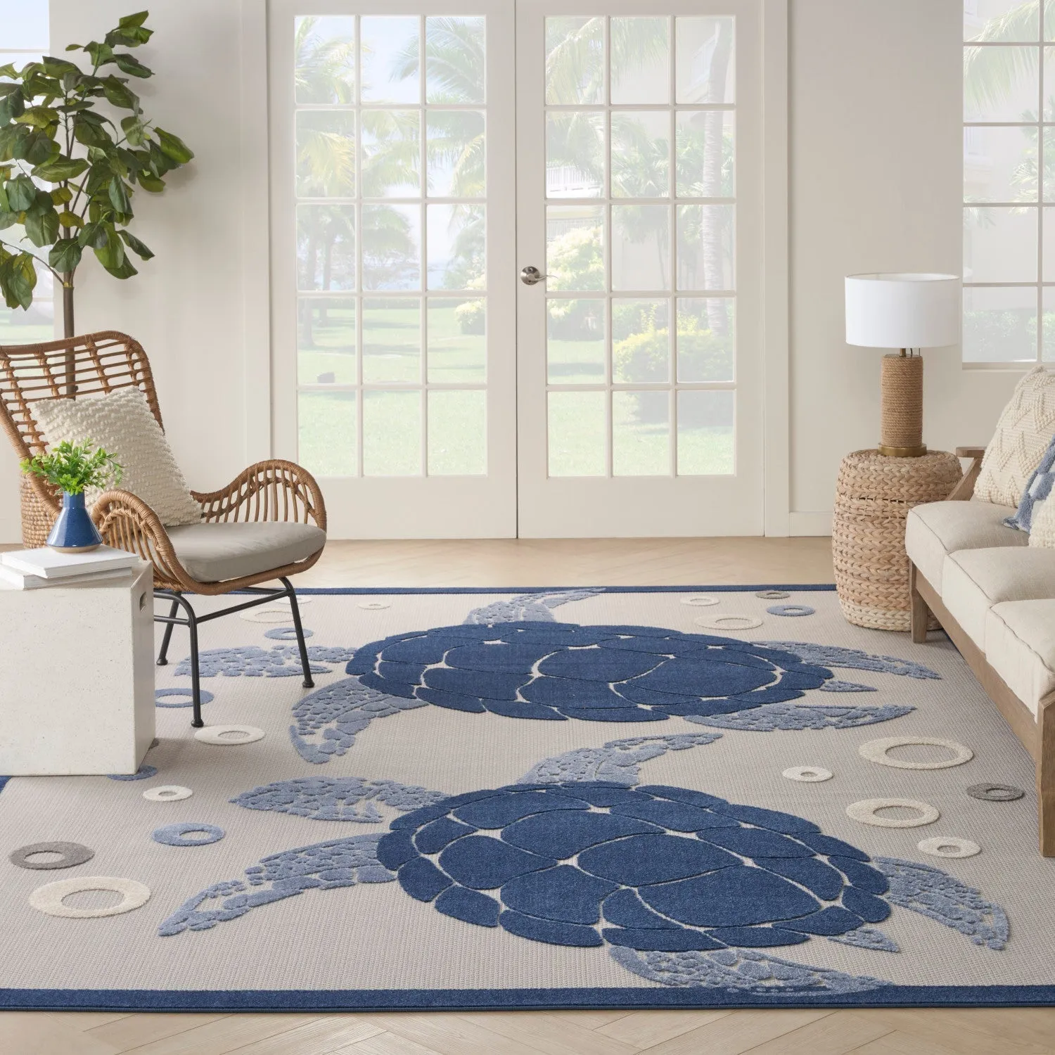 Aloha Navy Blue Coastal, Nautical & Beach Indoor/Outdoor Rug