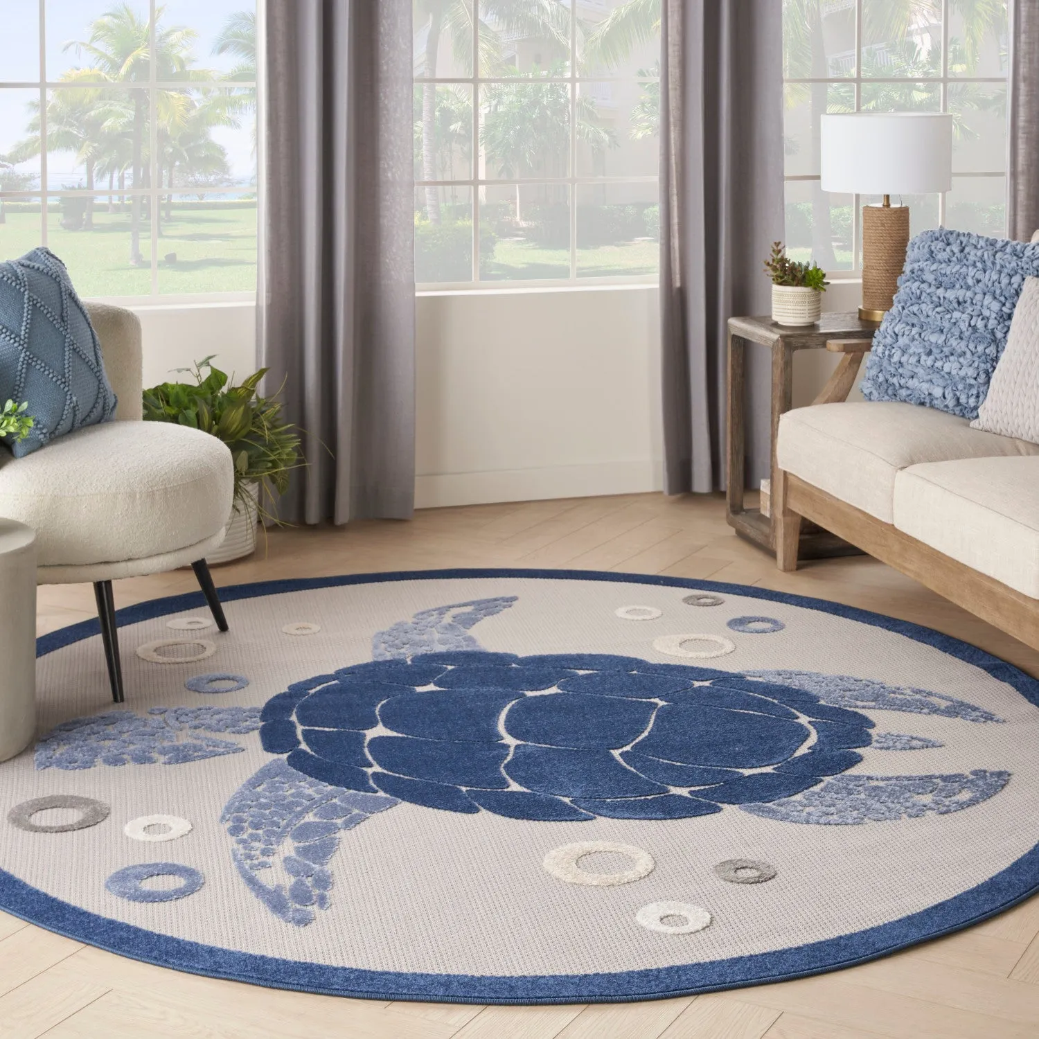 Aloha Navy Blue Coastal, Nautical & Beach Indoor/Outdoor Rug