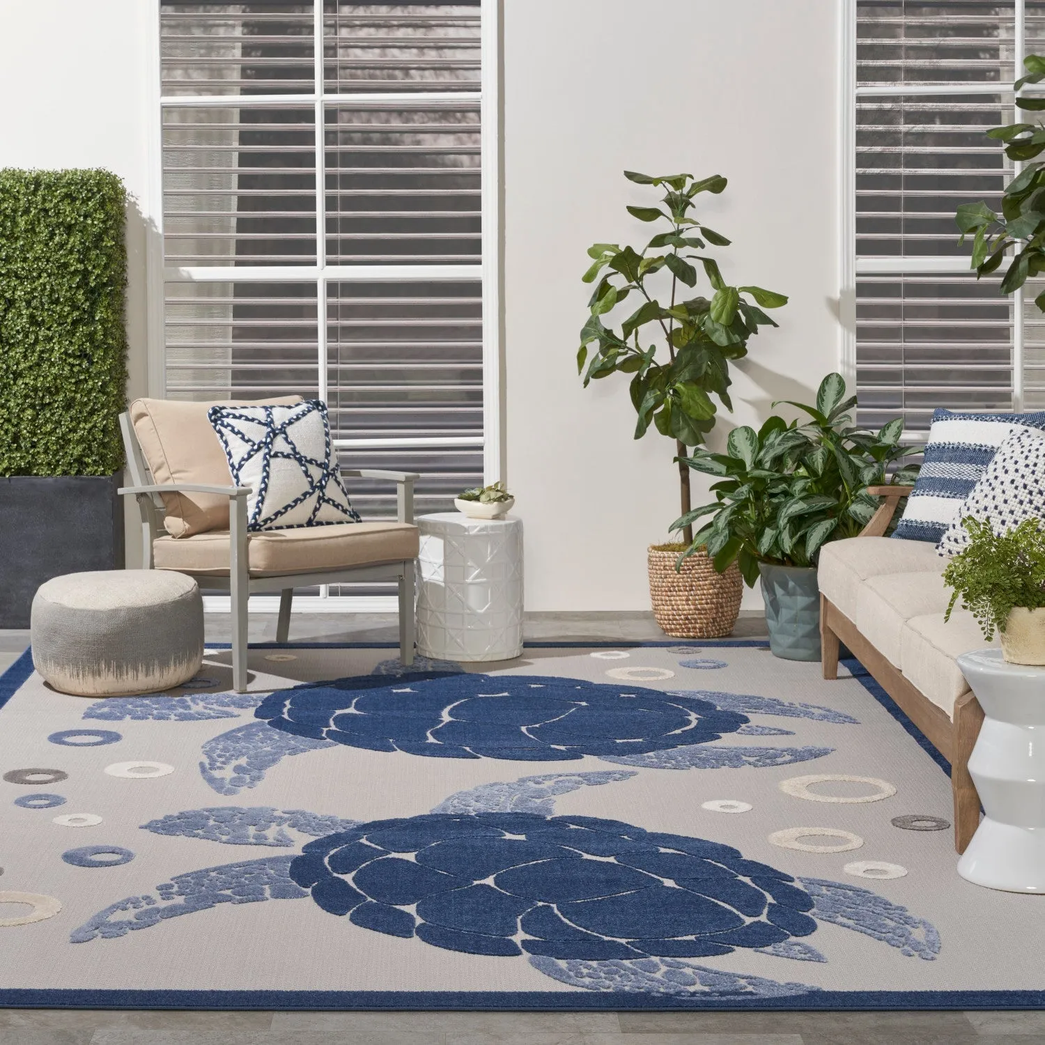 Aloha Navy Blue Coastal, Nautical & Beach Indoor/Outdoor Rug