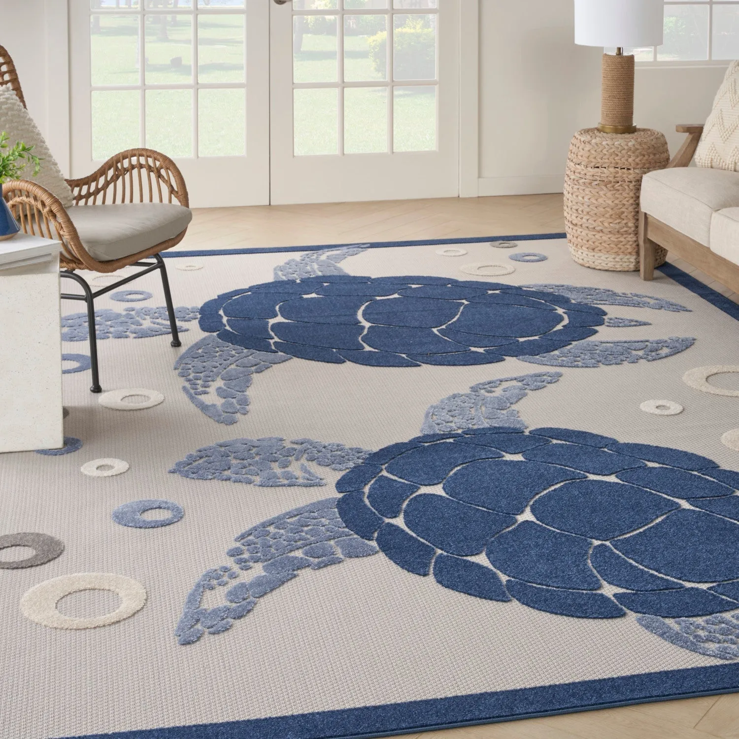 Aloha Navy Blue Coastal, Nautical & Beach Indoor/Outdoor Rug