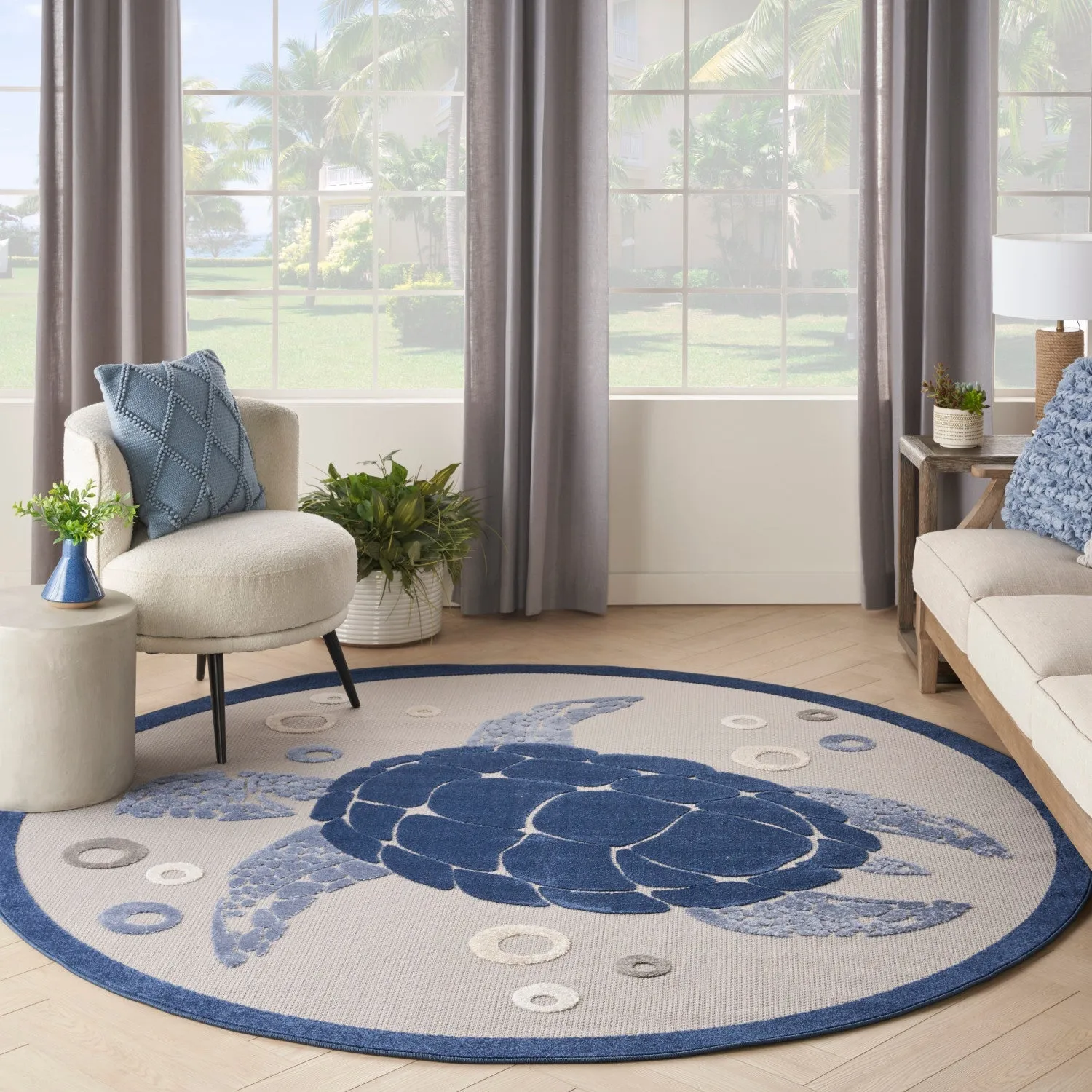 Aloha Navy Blue Coastal, Nautical & Beach Indoor/Outdoor Rug