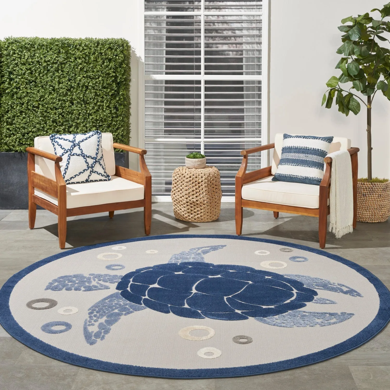 Aloha Navy Blue Coastal, Nautical & Beach Indoor/Outdoor Rug