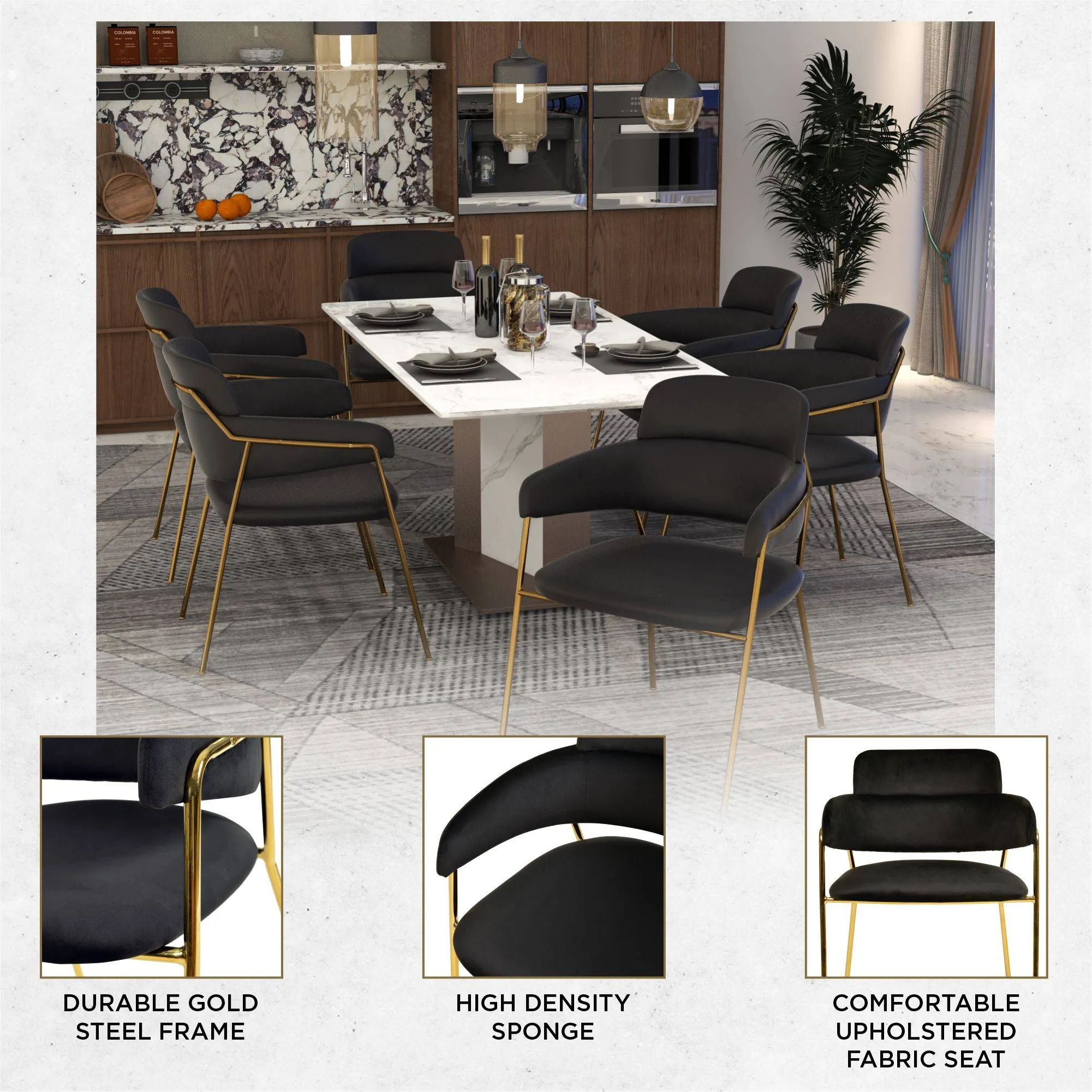 Axis Upholstered Dining Chairs Curved Open-Back & Gold Legs Set of 4