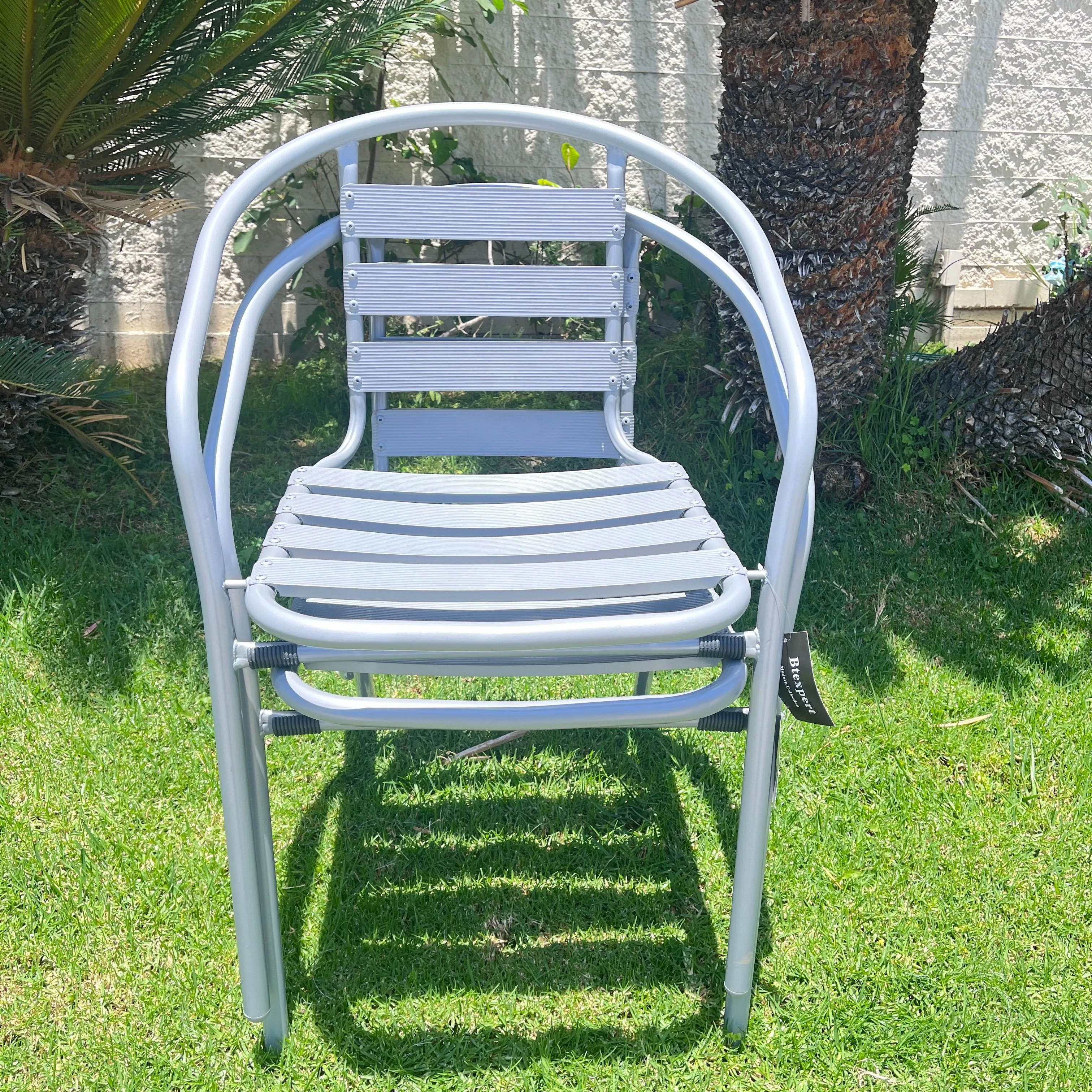 BTExpert Indoor Outdoor Set of 2 Silver Gray Restaurant Metal Aluminum Slat Stack Chairs Lightweight