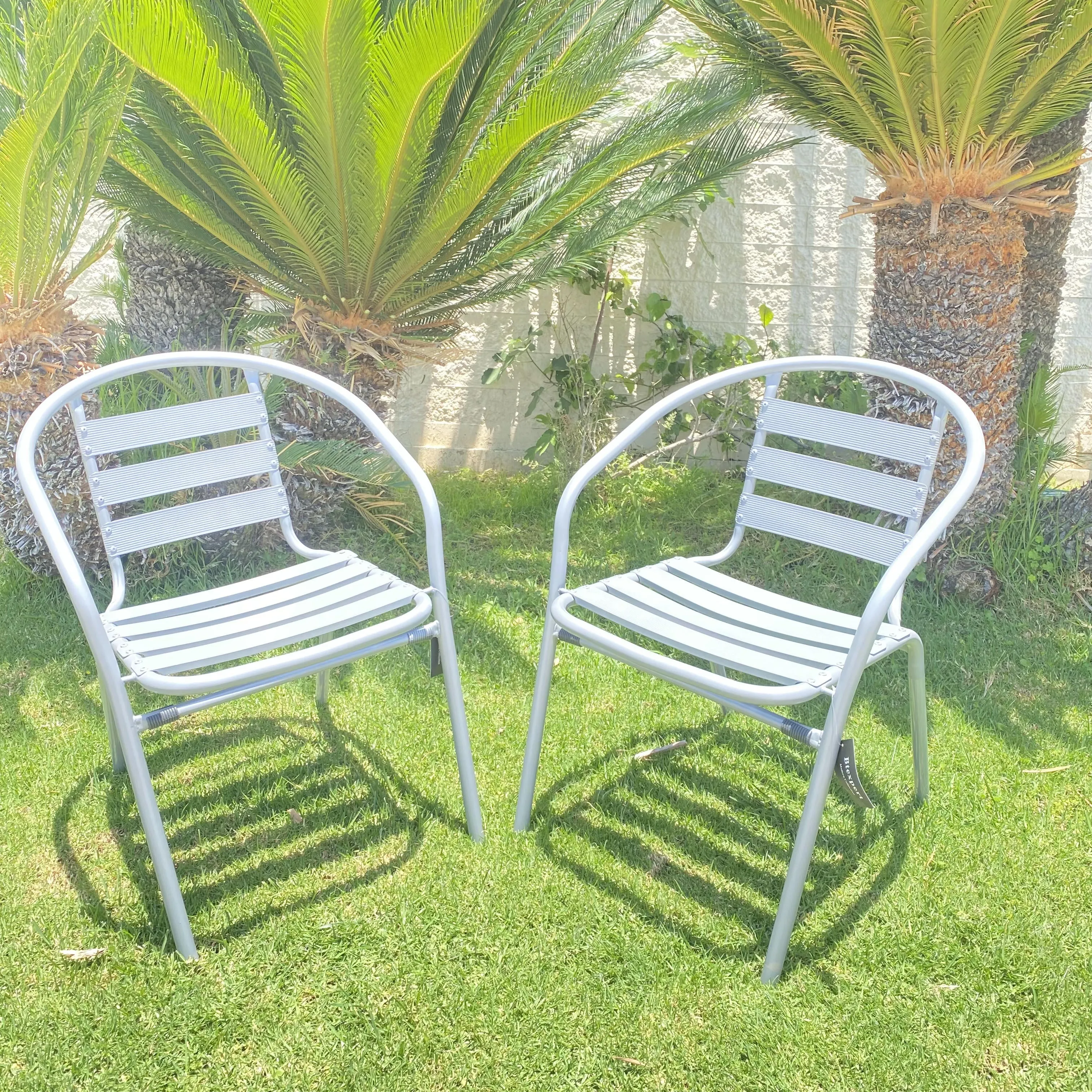 BTExpert Indoor Outdoor Set of 2 Silver Gray Restaurant Metal Aluminum Slat Stack Chairs Lightweight