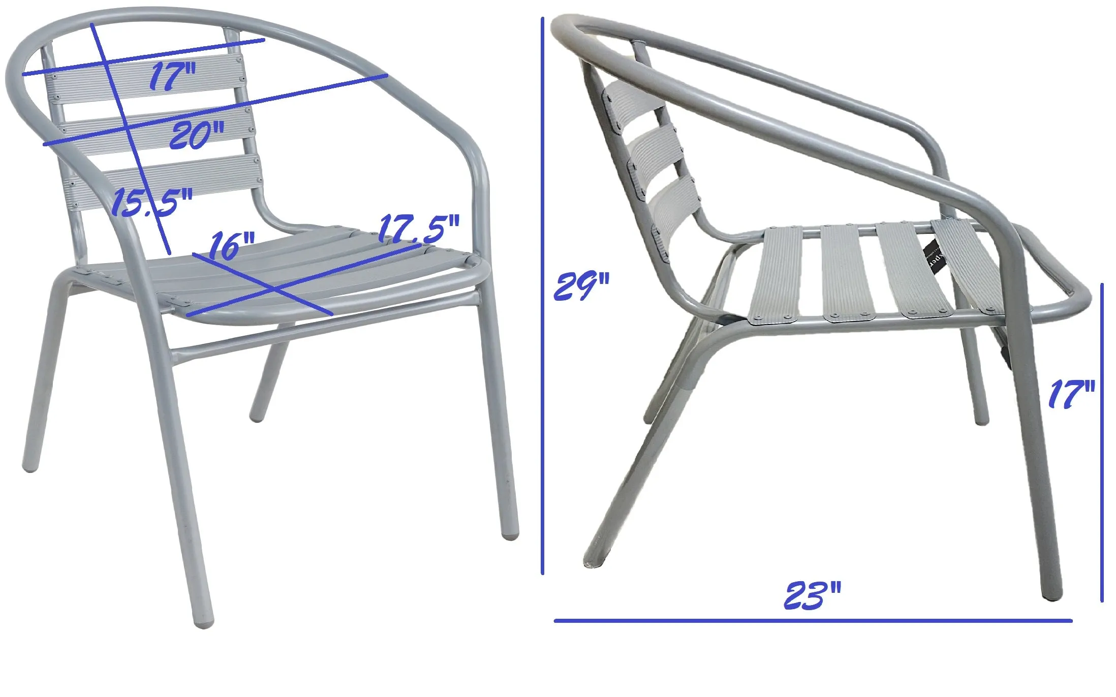 BTExpert Indoor Outdoor Set of 2 Silver Gray Restaurant Metal Aluminum Slat Stack Chairs Lightweight