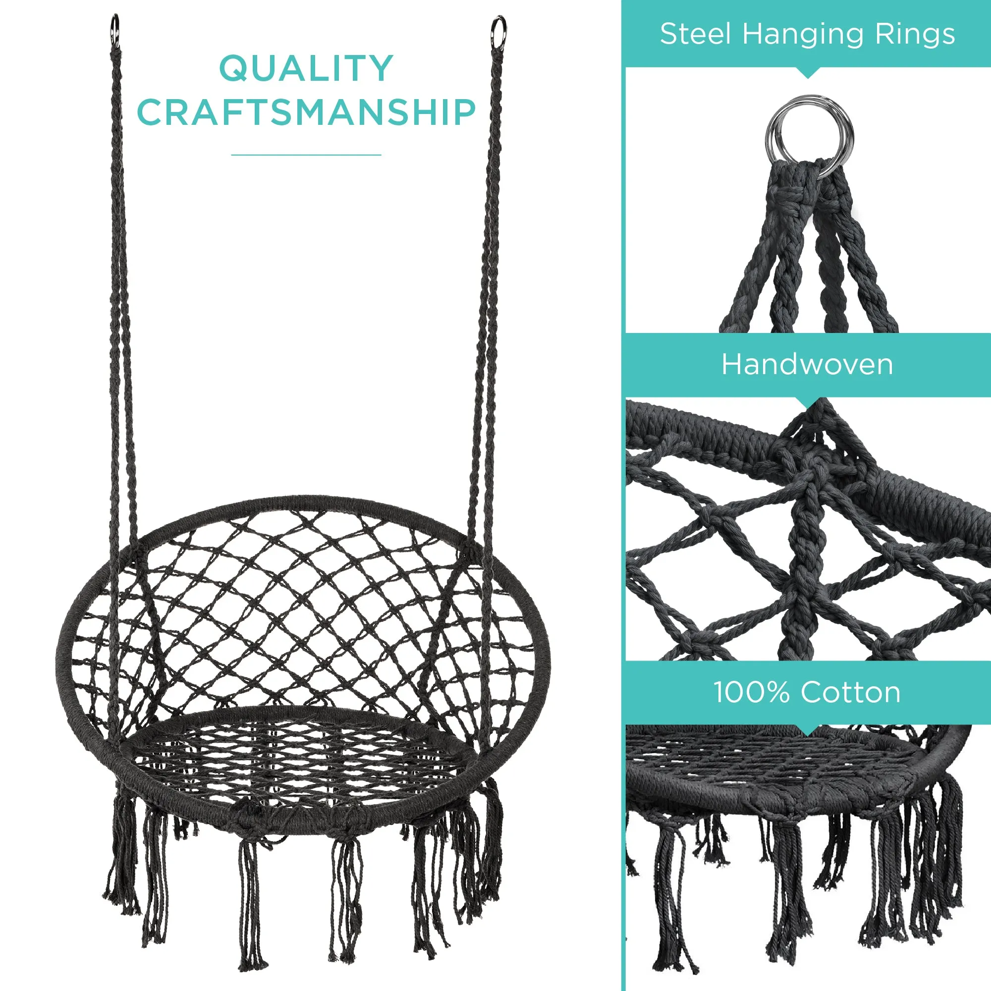 Cotton Macrame Hammock Hanging Chair Swing, Handwoven w/ Backrest