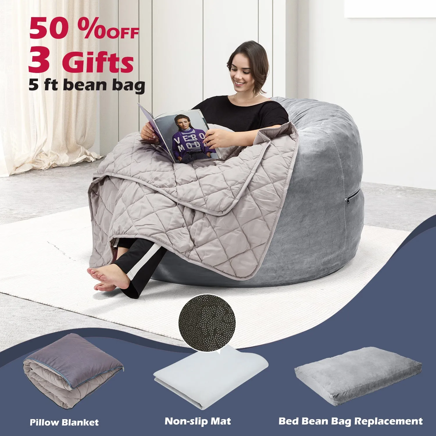 EROMMY 5ft Giant Gorilla Bean Bag Sofa Chair Bed for Adults, Grey