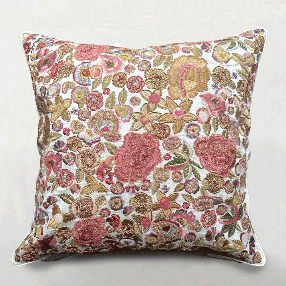 Fleur Embroidered Tassia Cushion in Ivory