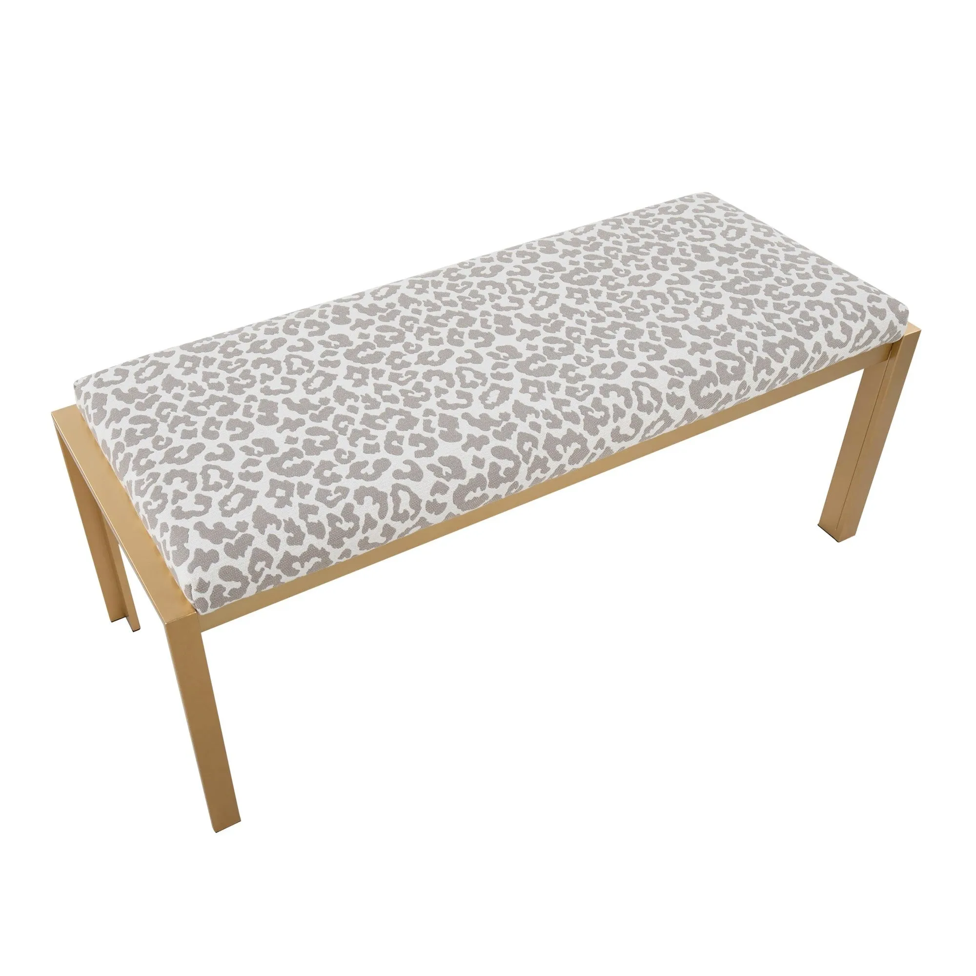 Fuji Contemporary Bench in Gold Metal and Grey Leopard Fabric by LumiSource