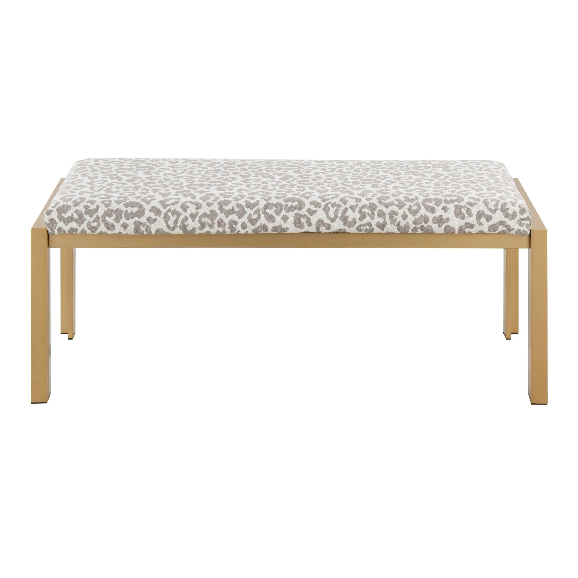 Fuji Contemporary Bench in Gold Metal and Grey Leopard Fabric by LumiSource