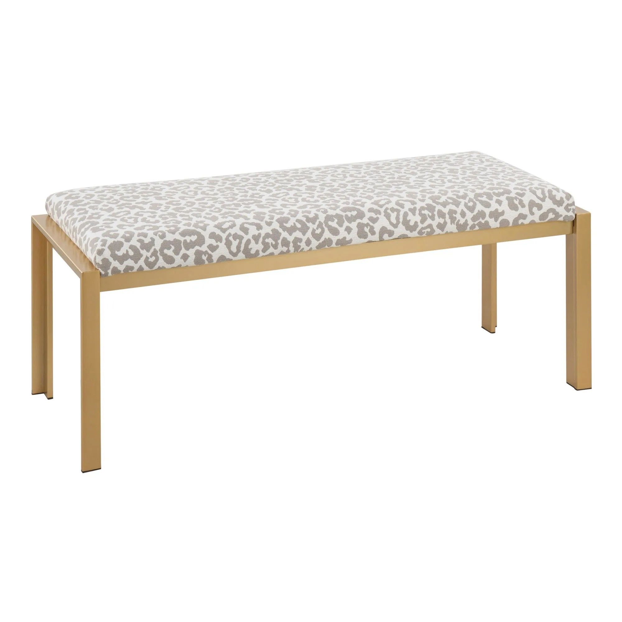 Fuji Contemporary Bench in Gold Metal and Grey Leopard Fabric by LumiSource