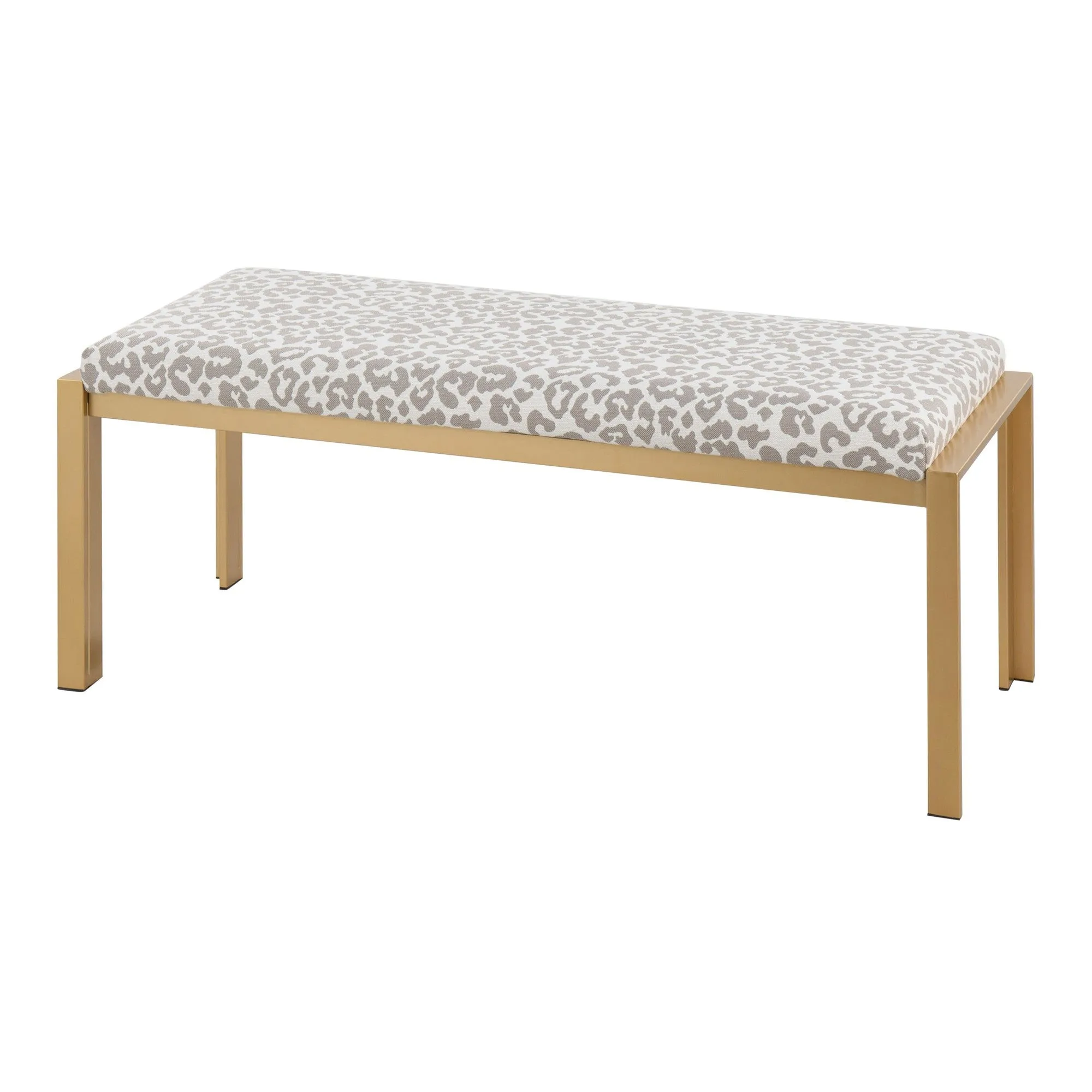 Fuji Contemporary Bench in Gold Metal and Grey Leopard Fabric by LumiSource