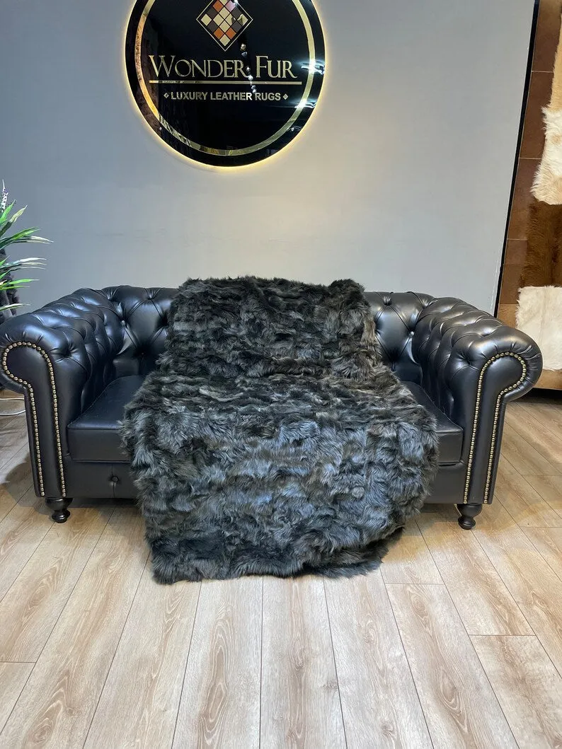 Green Real Sheepskin Fur Blanket, Luxury King Size Shaggy Handmade Natural Blanket