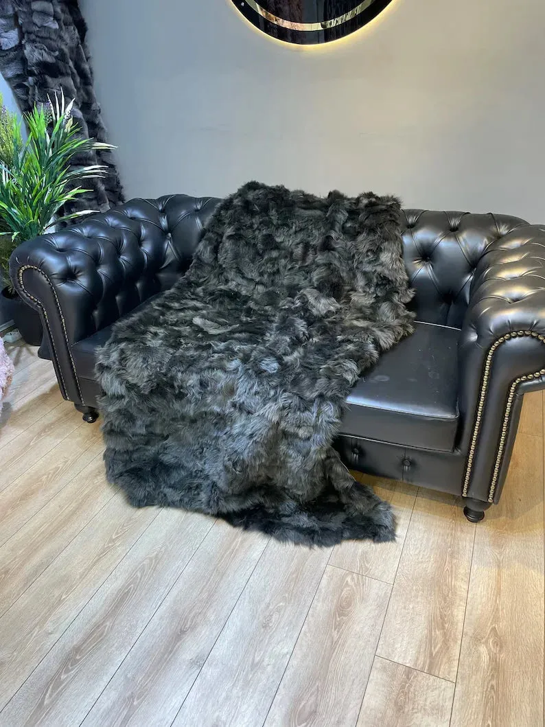 Green Real Sheepskin Fur Blanket, Luxury King Size Shaggy Handmade Natural Blanket