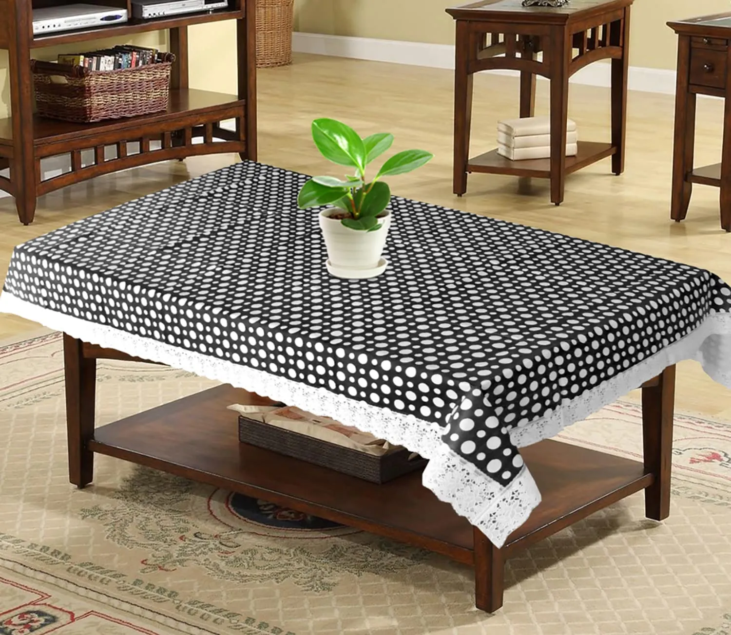 Heart Home 40"x60" Dot Design PVC Waterproof, Antislip & Wipe Clean Center Table Cover for 4 Seater (Black & White)-HS43HEARTH25564,Standard,HS43HEARTH025564