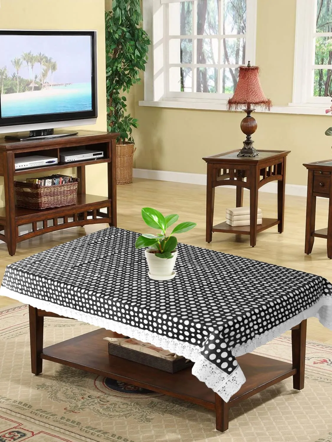 Heart Home 40"x60" Dot Design PVC Waterproof, Antislip & Wipe Clean Center Table Cover for 4 Seater (Black & White)-HS43HEARTH25564,Standard,HS43HEARTH025564