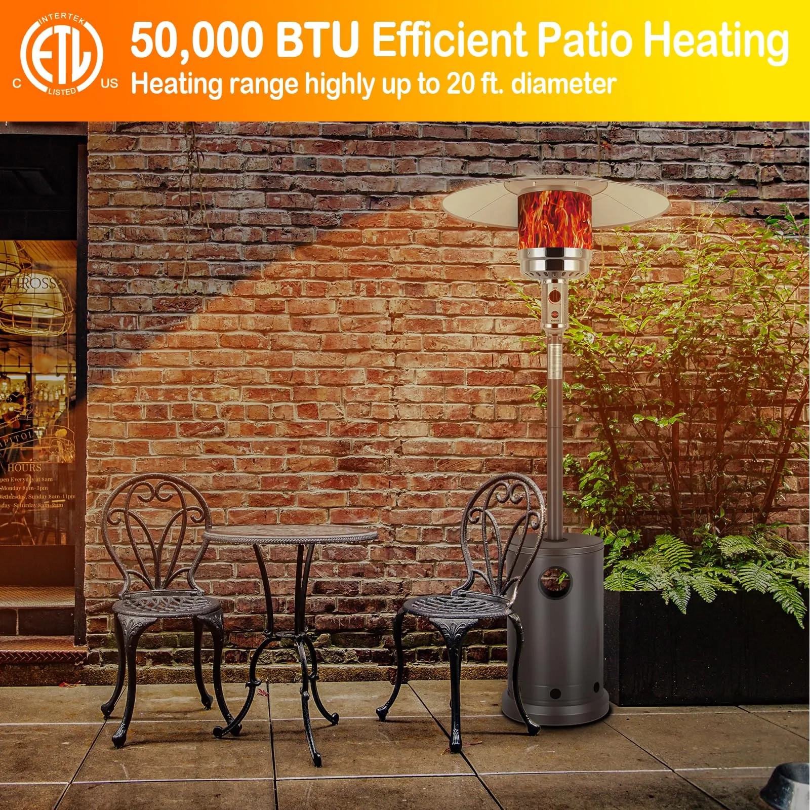 Hykolity 50,000 BTU Propane Patio Heater with Table Design, Stainless Steel Burner, Triple Protection System, Wheels, Outdoor Heaters for Patio, Garden, Commercial and Residential, Bronze