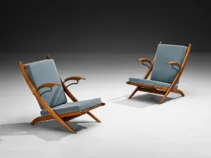 Italian Mid-Century Lounge Chairs in Cherry Wood with Blue Cushions