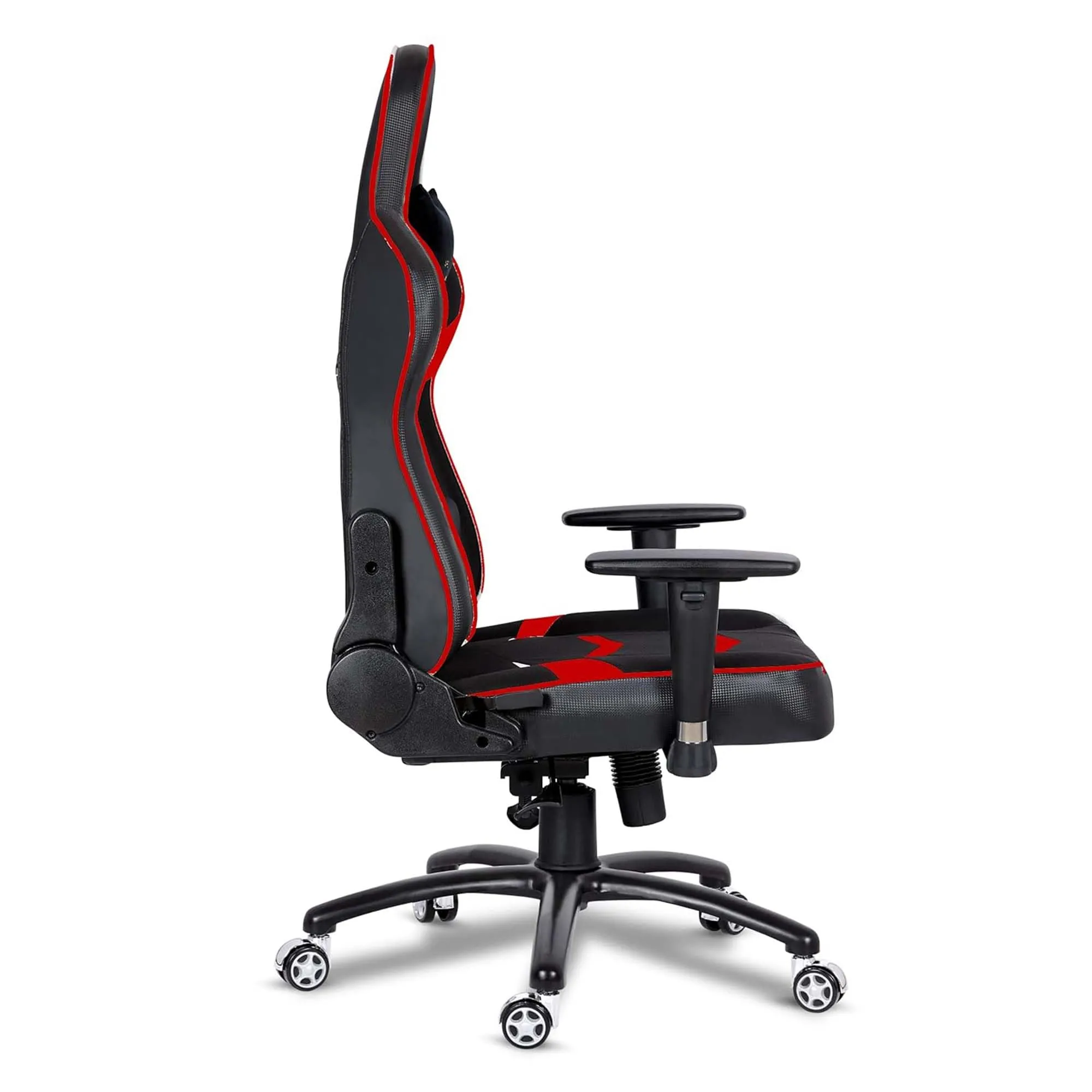 Kuber Industries Revolving Ergonomic PC Gaming Chairs with Wheels | Comes with Headrest, Lumbar Support Cushions & Footrest | Comfortable Chair for Long Sitting & Back Pain Relief | Black & Red