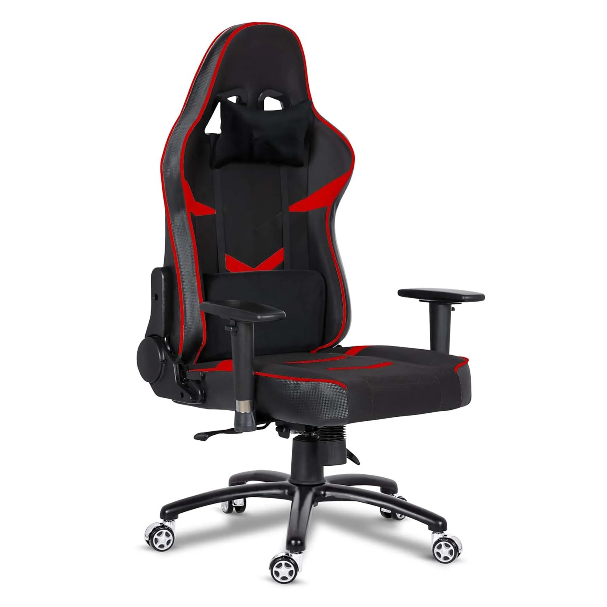 Kuber Industries Revolving Ergonomic PC Gaming Chairs with Wheels | Comes with Headrest, Lumbar Support Cushions & Footrest | Comfortable Chair for Long Sitting & Back Pain Relief | Black & Red