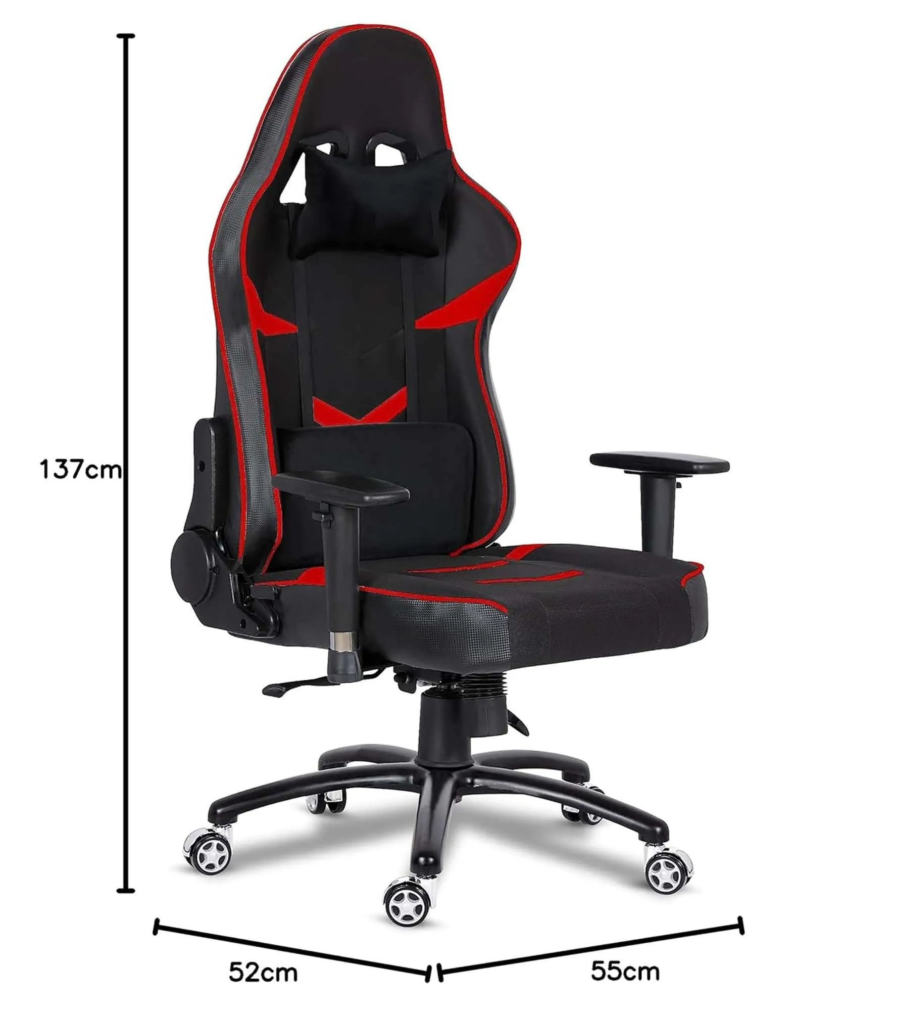 Kuber Industries Revolving Ergonomic PC Gaming Chairs with Wheels | Comes with Headrest, Lumbar Support Cushions & Footrest | Comfortable Chair for Long Sitting & Back Pain Relief | Black & Red