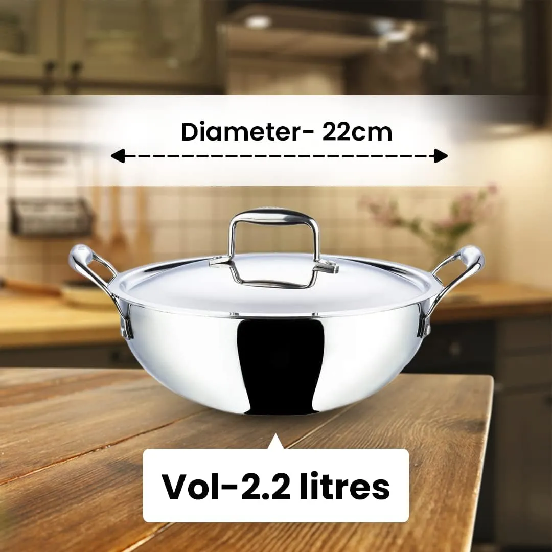 Kuber Industries Tri-ply Stainless Steel Kadhai with lid I Induction Base I 2.2 litres Capacity I 22cm Diameter I Extra Deep Frying Pan I Riveted Handles (Pack of 3)