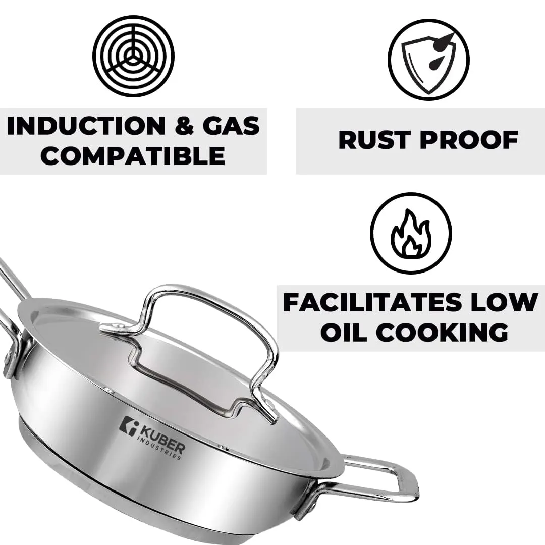 Kuber Industries Tri-ply Stainless Steel Kadhai with lid I Induction Base I 2.2 litres Capacity I 22cm Diameter I Extra Deep Frying Pan I Riveted Handles (Pack of 3)