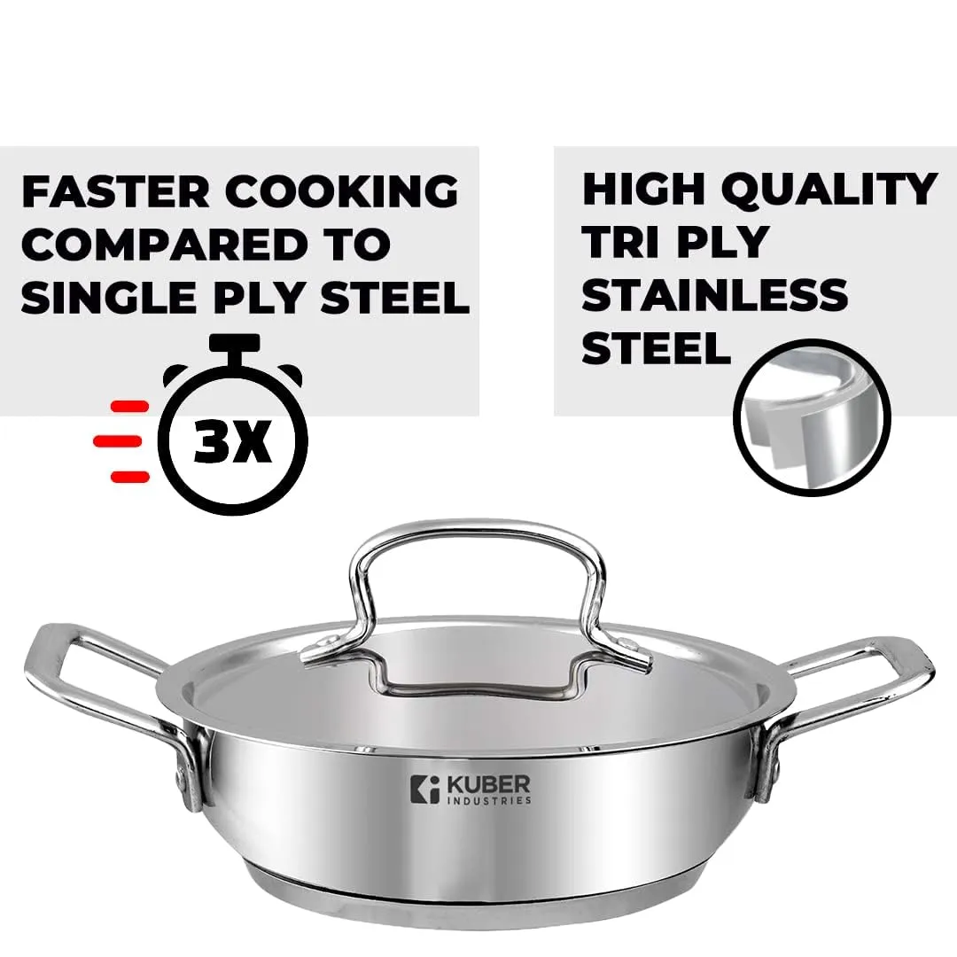 Kuber Industries Tri-ply Stainless Steel Kadhai with lid I Induction Base I 2.2 litres Capacity I 22cm Diameter I Extra Deep Frying Pan I Riveted Handles (Pack of 3)