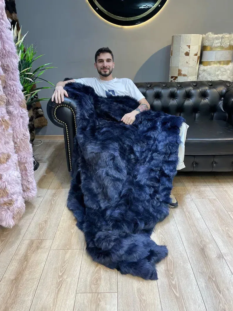 Luxury Real Fur Blanket, Handmade Natural Sheepskin Throw for Bedroom