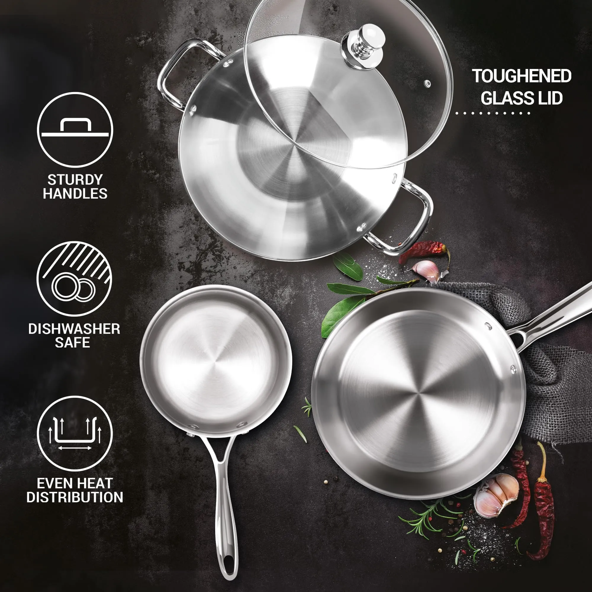 Milton ProCook Triply Stainless Steel Induction Cookware Set, 3-Piece | Sauce Pan 14 cm, Fry Pan 24 cm, Kadhai 24 cm with Glass Lid