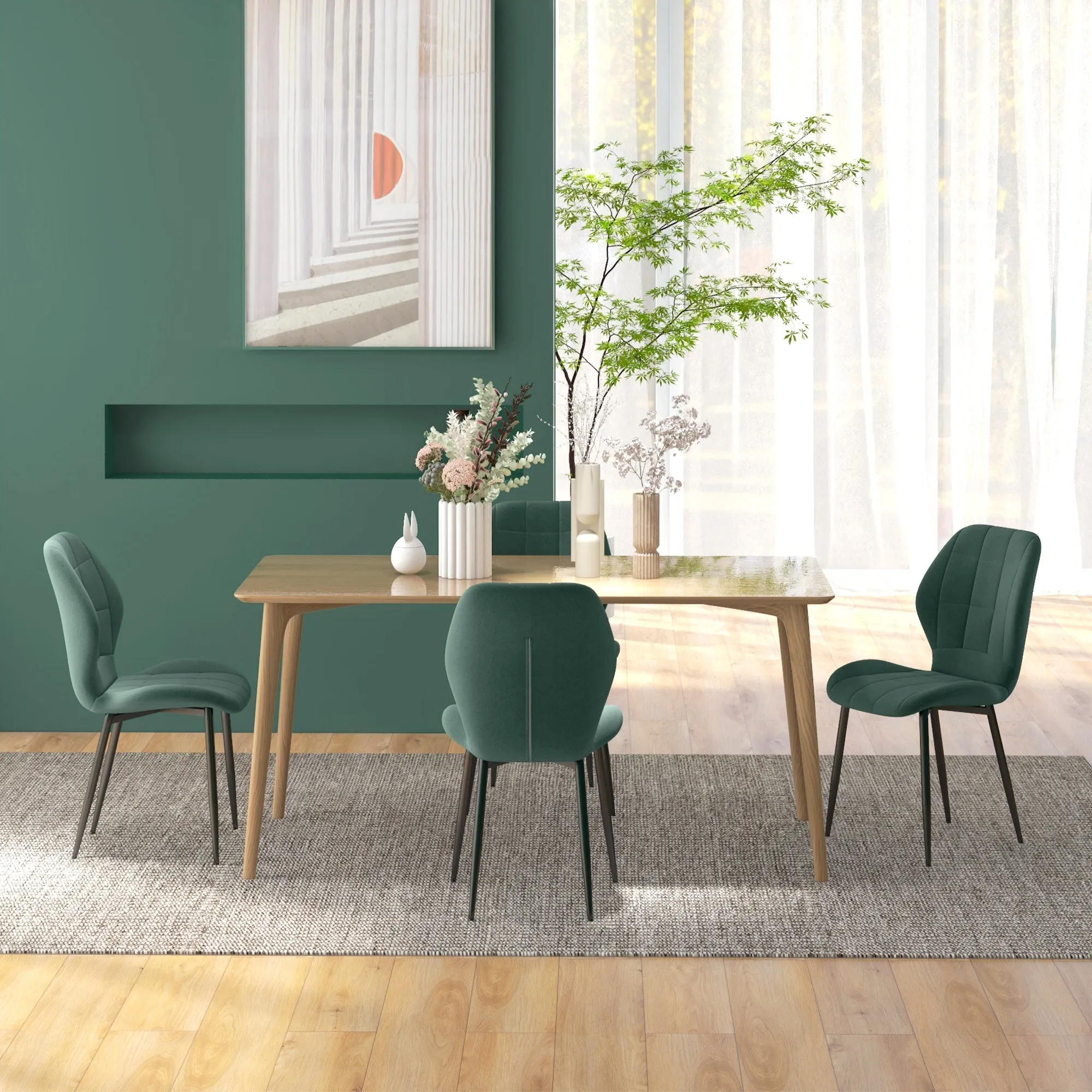 Modern Style Kitchen Chairs Set of 4 with Flannel Upholstered, Dark Green