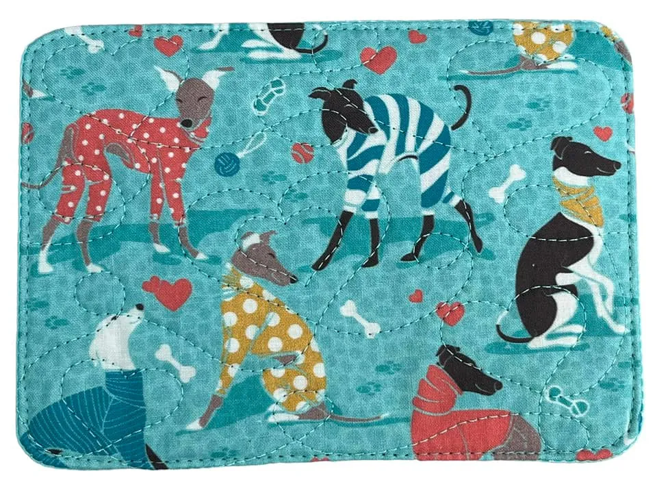 Mug Rug - Iggies in Jammies Whippets Aqua Quilted Hearts