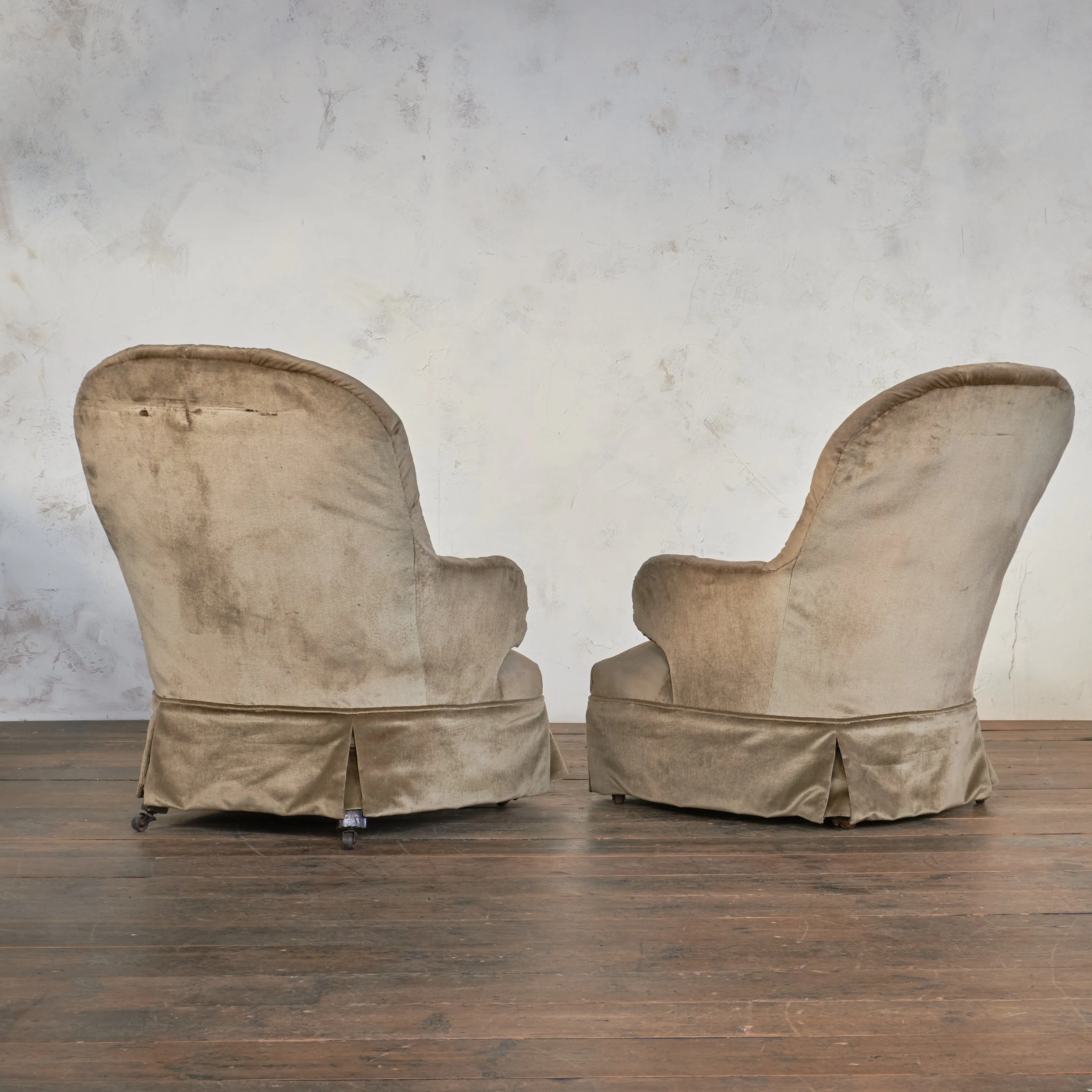 Pair of Antique Bedroom Chairs - taupe velvet