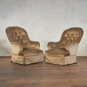 Pair of Antique Bedroom Chairs - taupe velvet