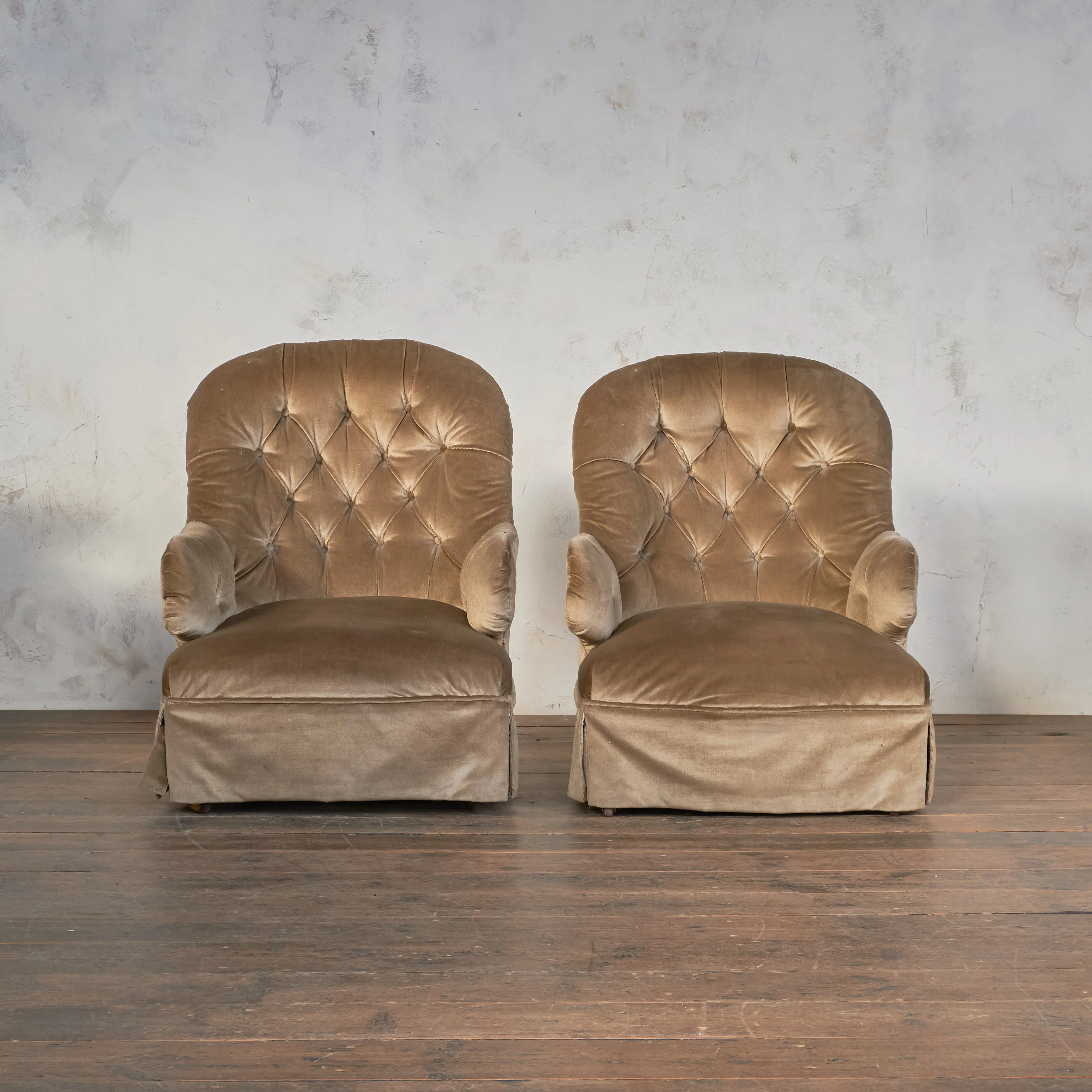 Pair of Antique Bedroom Chairs - taupe velvet