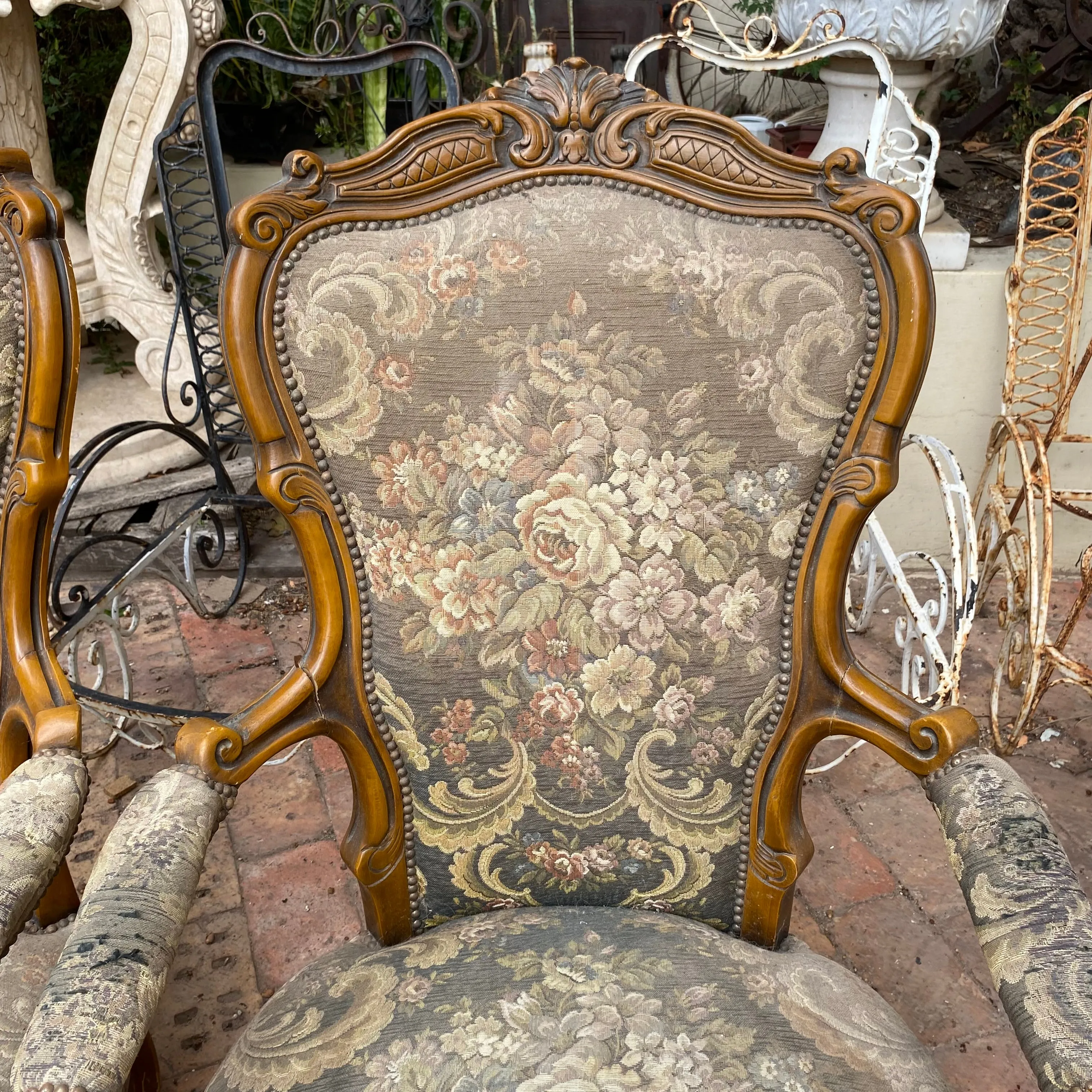 Pair of Antique Walnut Carved Armchairs