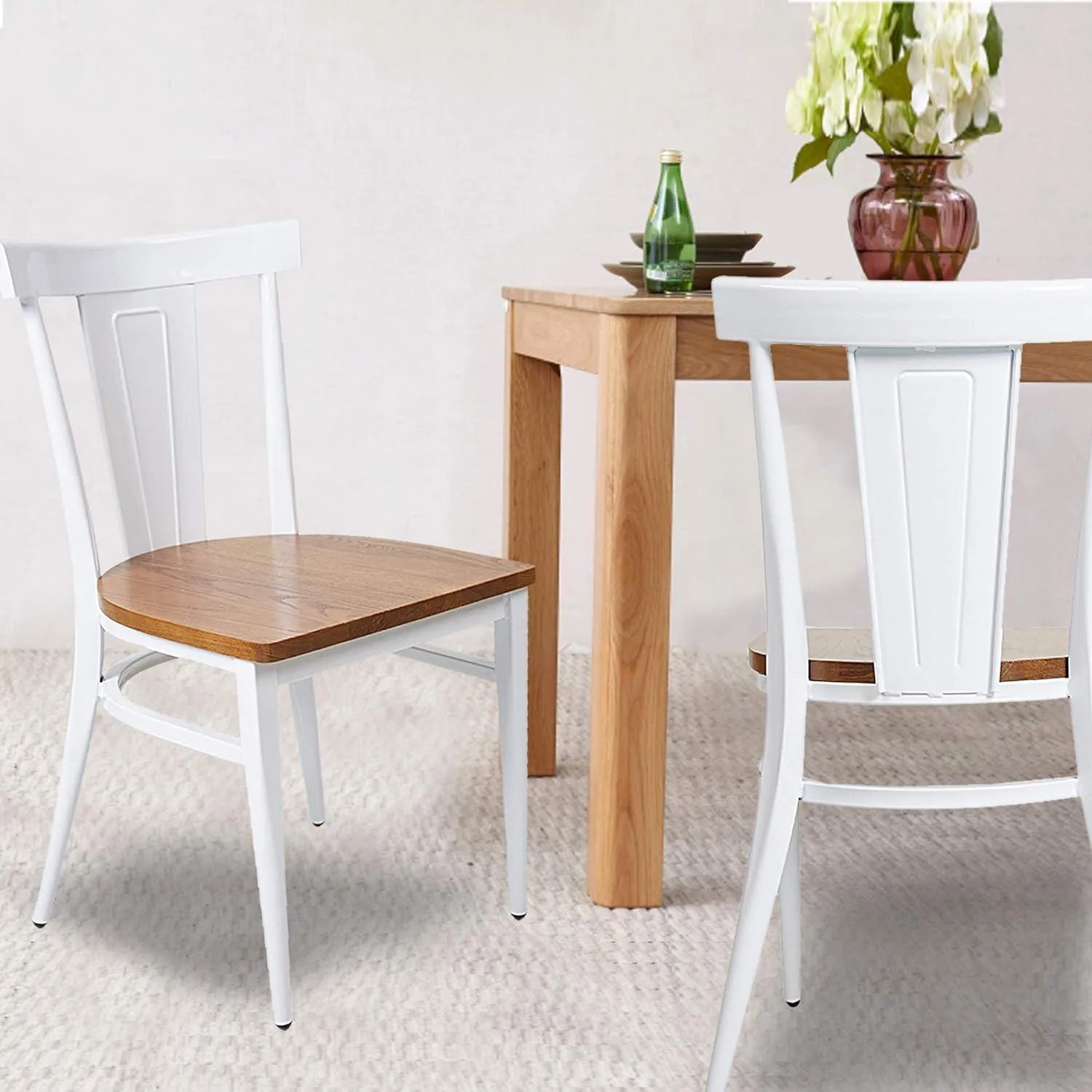 Set of 2 Dining Room Side Chair Wood Kitchen Chairs with Metal Legs Fully Assembled, Retro Back, White