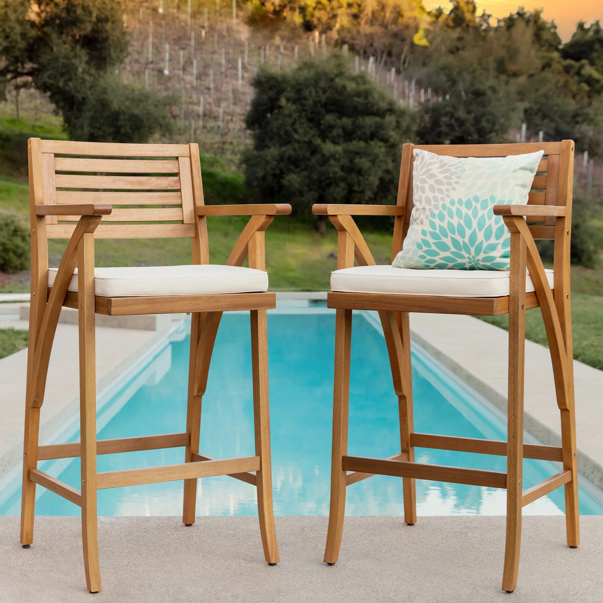 Set of 2 Outdoor Acacia Wood Bar Stools Chairs w/ Weather-Resistant Cushions