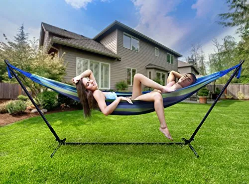 Sorbus® Double Hammock with Steel Stand Two Person Adjustable Hammock Bed - Storage Carrying Case Included (Blue/Green)